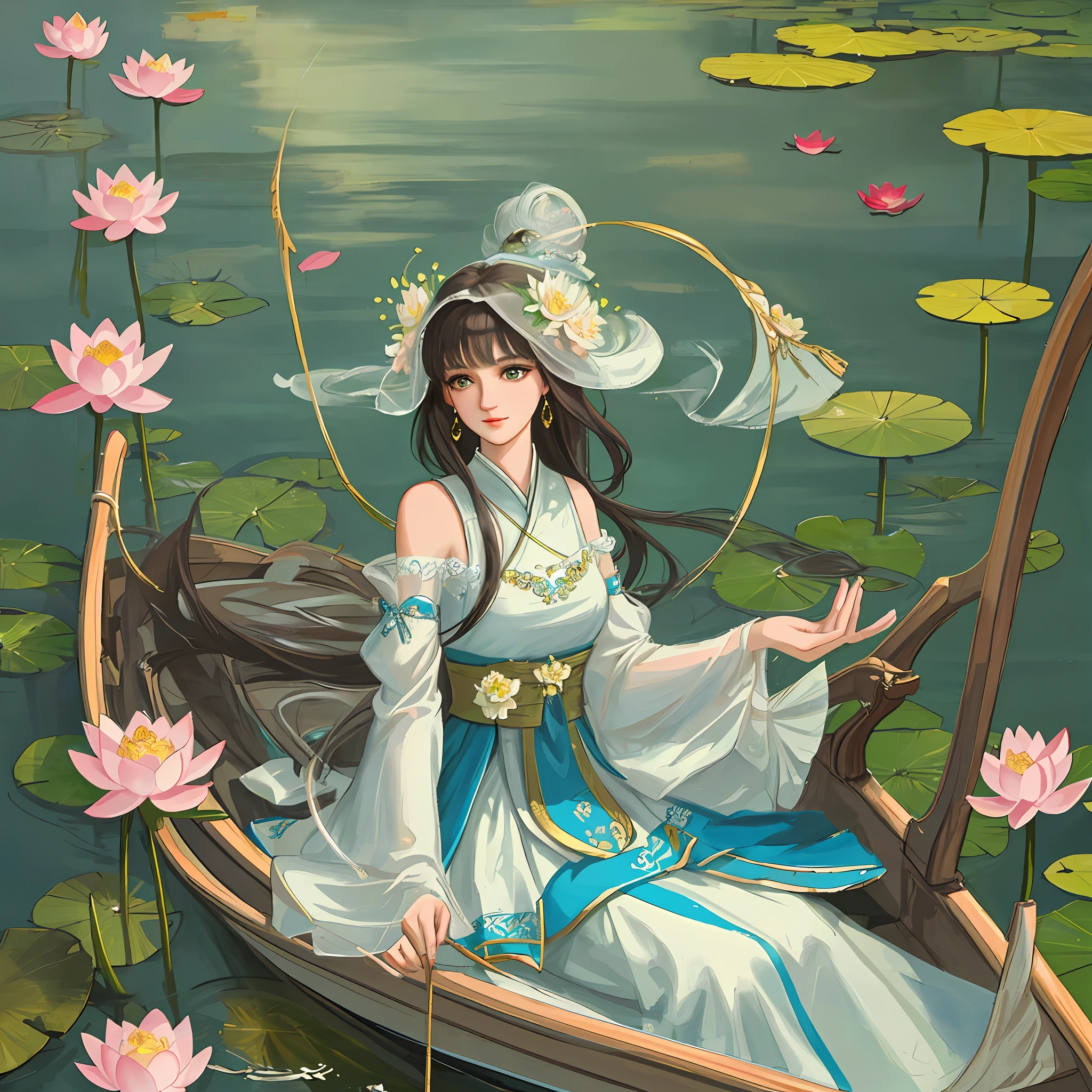 Extremely delicate, high-quality, outstanding CG drawings of characters, excellent picture quality and painting style, a beautiful lady sitting gracefully on the boat, surrounded by exquisite lotus flowers, making people feel happy.