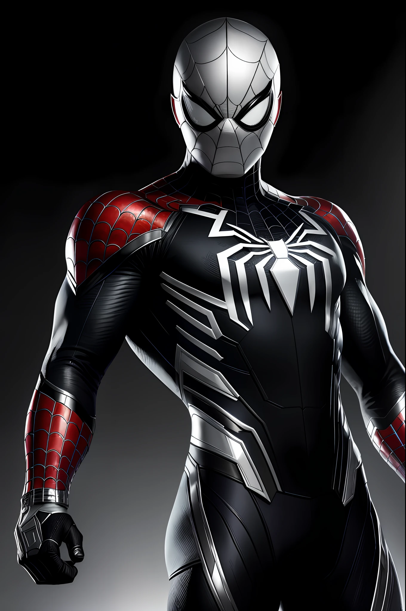 (8k, RAW photo, best quality, masterpiece: 1.2), ultra detailed, authorial art, photo-realistic: 1.37, upper body shot, ((original black and silver uniform: 1.2)), model, marvel spider man, film grain, action pose, a perfect face, 35 years, intricate details, diffused light, by Marvel