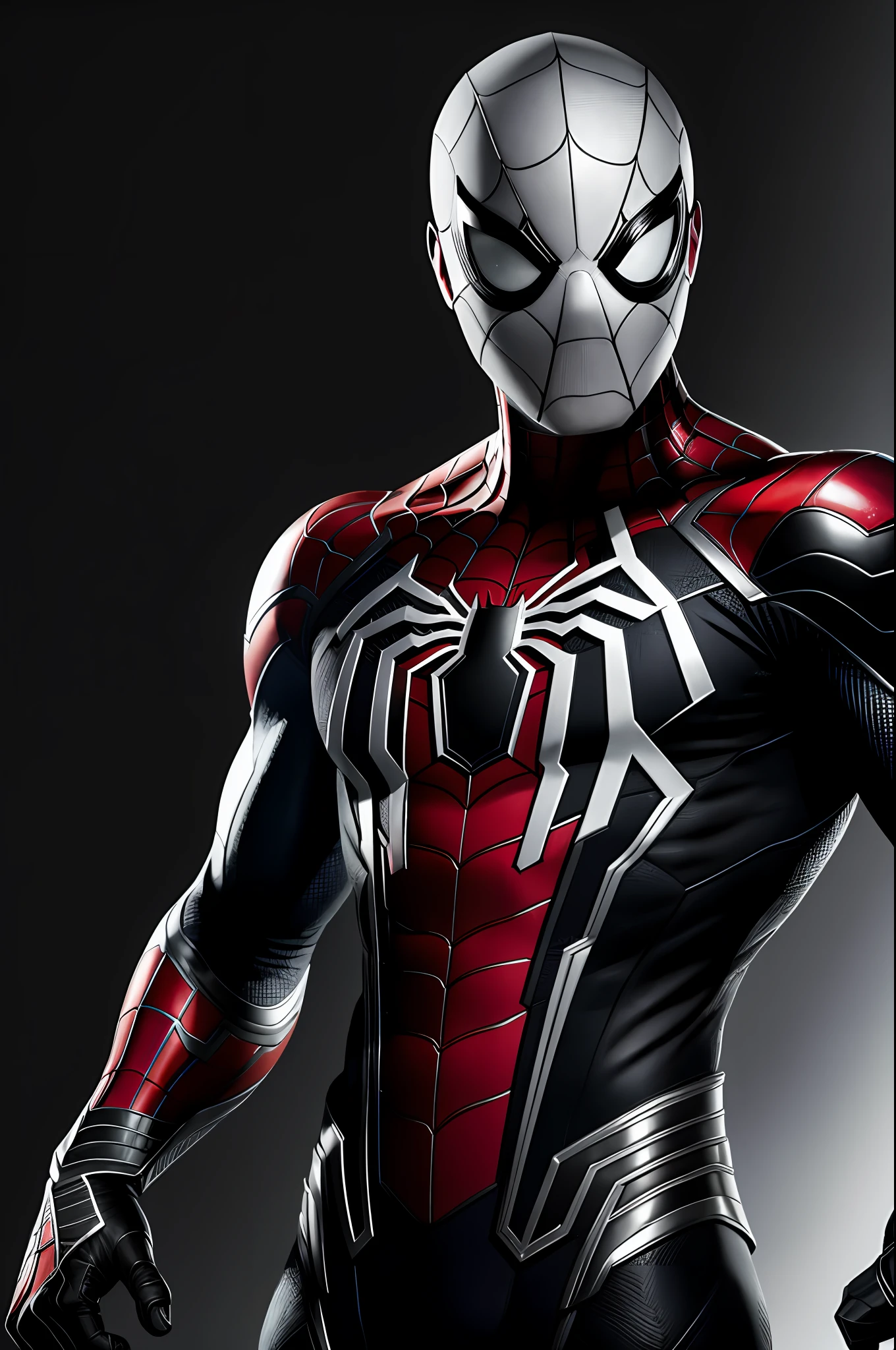 (8k, RAW photo, best quality, masterpiece: 1.2), ultra detailed, authorial art, photo-realistic: 1.37, upper body shot, ((original black and silver uniform: 1.2)), model, marvel spider man, film grain, action pose, a perfect face, 35 years, intricate details, diffused light, by Marvel