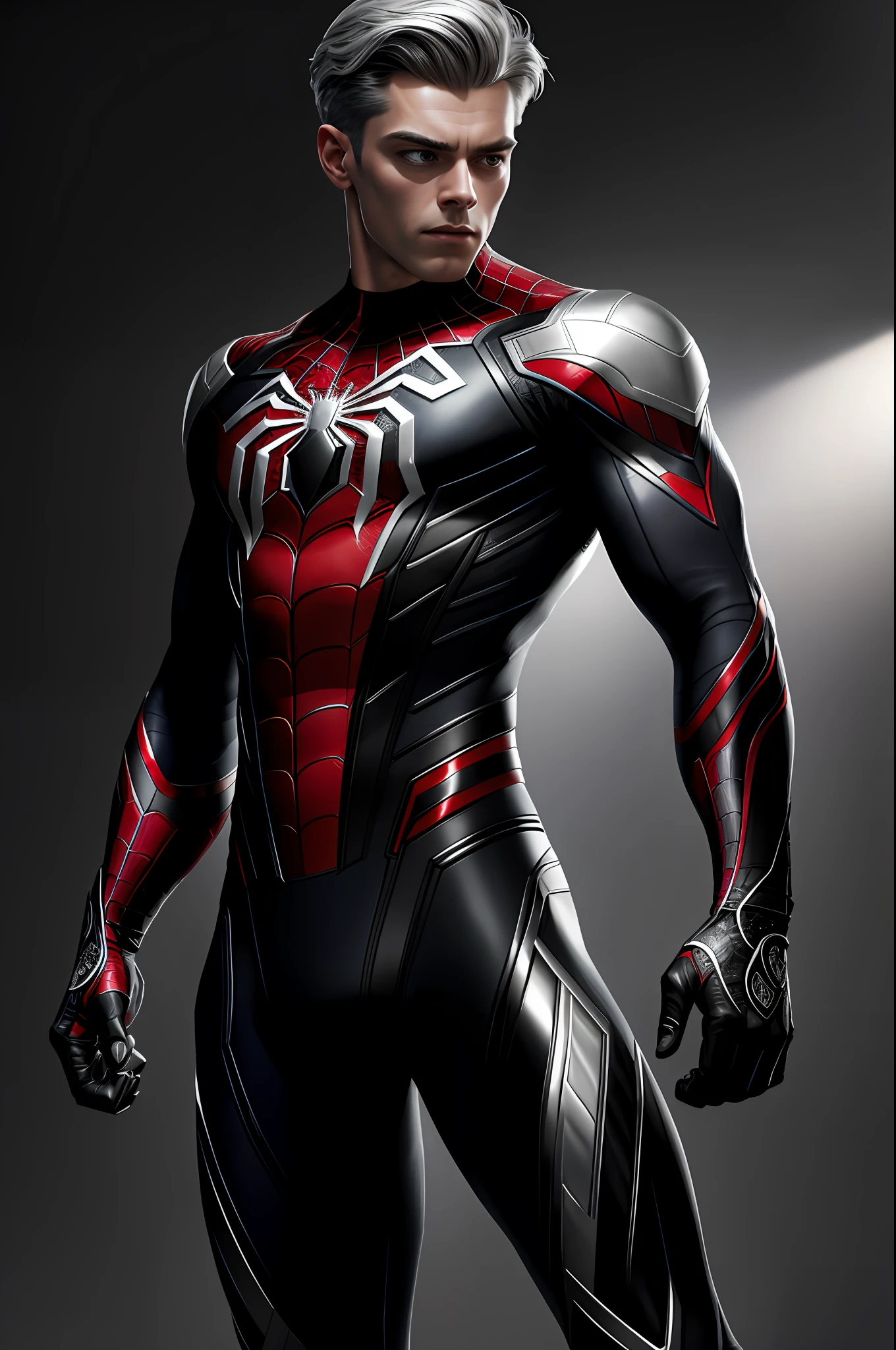 (8k, RAW photo, best quality, masterpiece: 1.2), ultra detailed, authorial art, photo-realistic: 1.37, upper body shot, ((original black and silver uniform: 1.2)), model, marvel spider man, film grain, action pose, a perfect face, 35 years, intricate details, diffused light, by Marvel