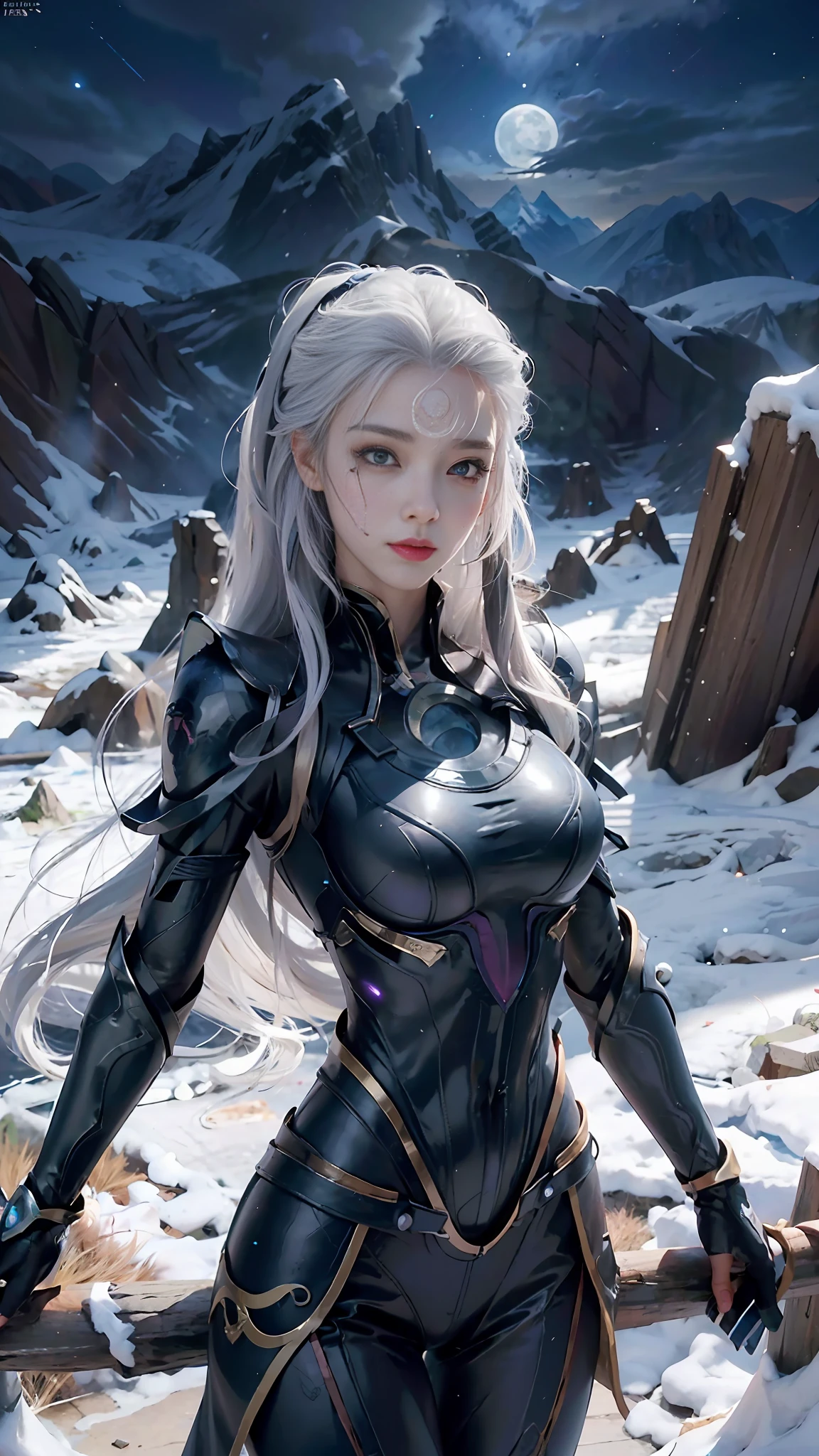 ((Best Quality, 8K, Masterpiece: 1.3)), 1girl, slim abs beauty:1.3, super fine face, detailed eyes, double eyelids, dynamic pose, night sky, mountain top, moon, smile, diana standing portrait photo, diana (League of Legends), solo, face markers, male focus, forehead markers, armor, lips, portrait, crescent, looking at the audience, 1girl, white hair, sexy, dark blue clothing, perfect body, detailed digital anime art, Best anime 4K konachan wallpaper, anime goddess, high detail official artwork, detailed anime art, portrait of female anime hero, onmyoji