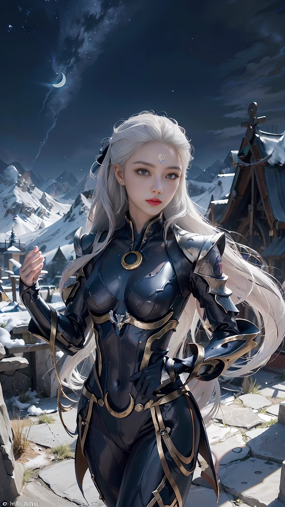 ((Best Quality, 8K, Masterpiece: 1.3)), 1girl, slim abs beauty:1.3, super fine face, detailed eyes, double eyelids, dynamic pose, night sky, mountain top, moon, smile, diana standing portrait photo, diana (League of Legends), solo, face markers, male focus, forehead markers, armor, lips, portrait, crescent, looking at the audience, 1girl, white hair, sexy, dark blue clothing, perfect body, detailed digital anime art, Best anime 4K konachan wallpaper, anime goddess, high detail official artwork, detailed anime art, portrait of female anime hero, onmyoji