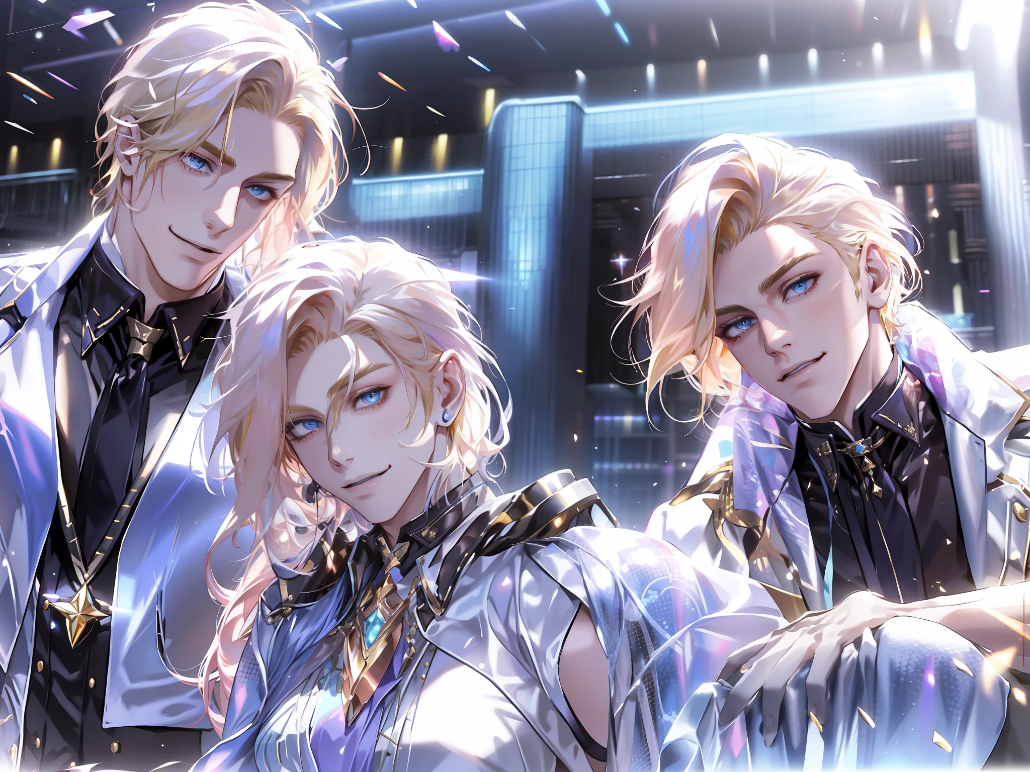 masterpiece, best quality, highres, ahri1, 1girl, 2boy, blonde hair, k/da \(league of legends\), long hair, multicolored hair, open hair, blue eyes, two-tone hair, large breasts, poolside, micro bikini, smile, handsome young boys, (young handsome boy:1.2), stylish suit, short black hair, attractive, particles, godly