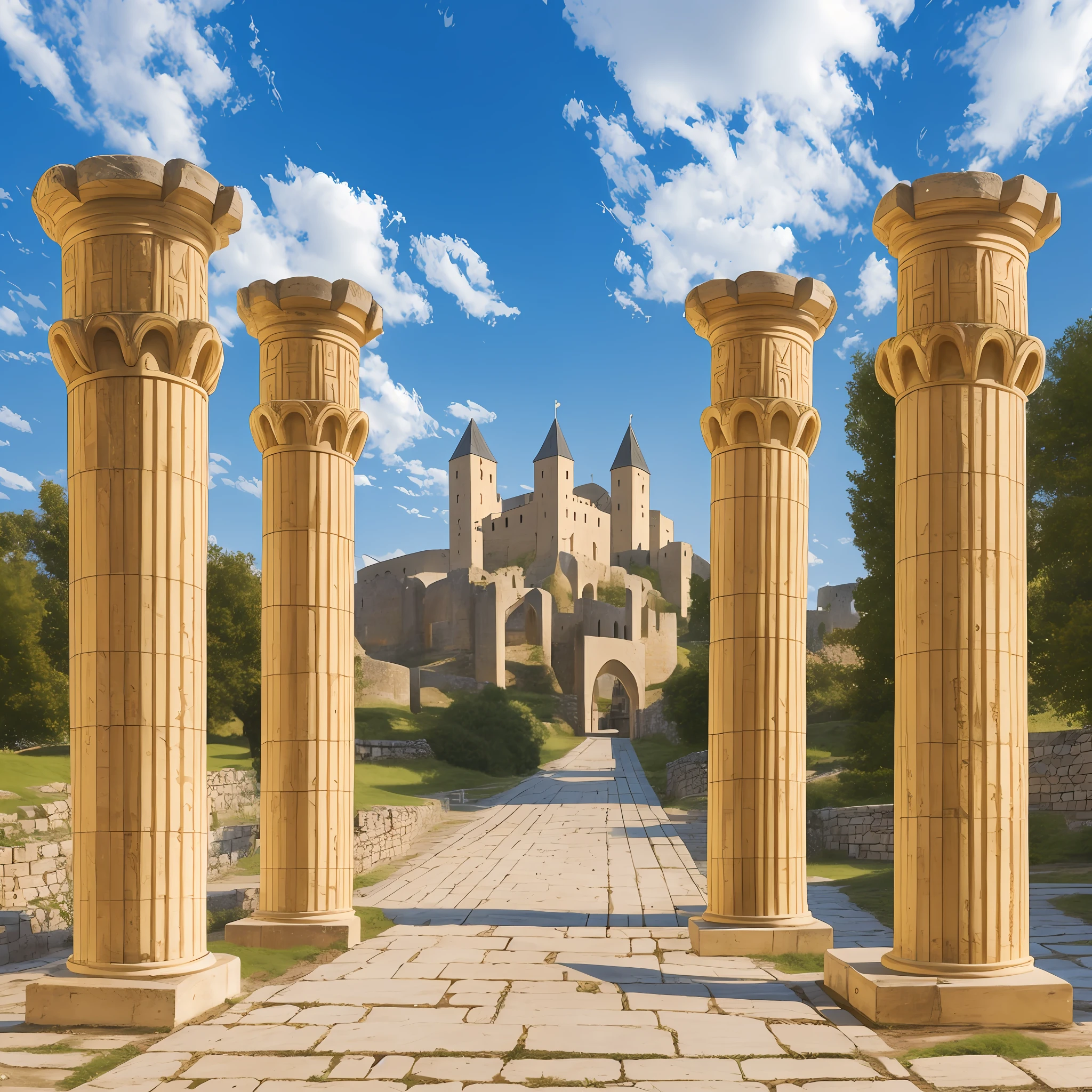 entrance of a medieval city, deep down a castle, at the entrance of this city the road passes through three pillars Greek style, one of the pillars is written purification, the second transmutation and the third illumination, the way to the castle is on a golden road, gleaming like pure gold --auto --s2