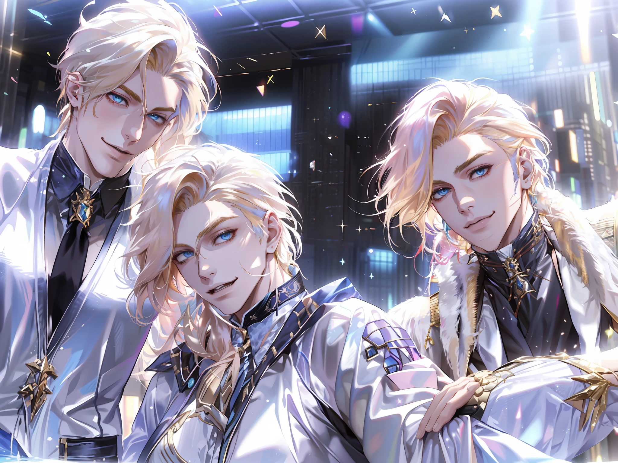 masterpiece, best quality, highres, ahri1, 1girl, 2boy, blonde hair, k/da \(league of legends\), long hair, multicolored hair, open hair, blue eyes, two-tone hair, large breasts, poolside, micro bikini, smile, handsome young boys, (young handsome boy:1.2), stylish suit, short black hair, attractive, particles, godly