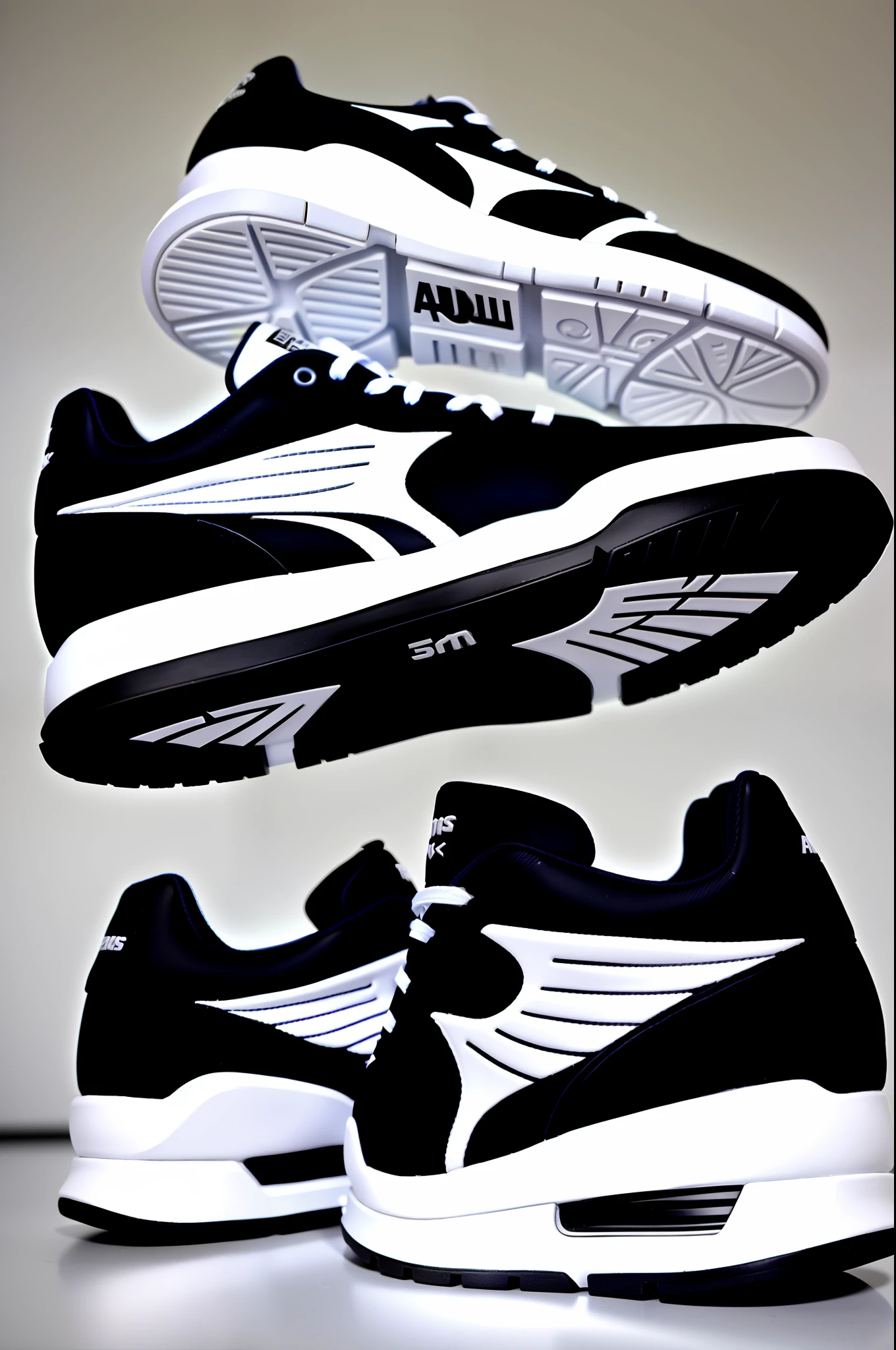 Create a model of black and white sports shoes, with a background of a basketball arena, With the logo of the shape of wings, image of the sneaker on the side