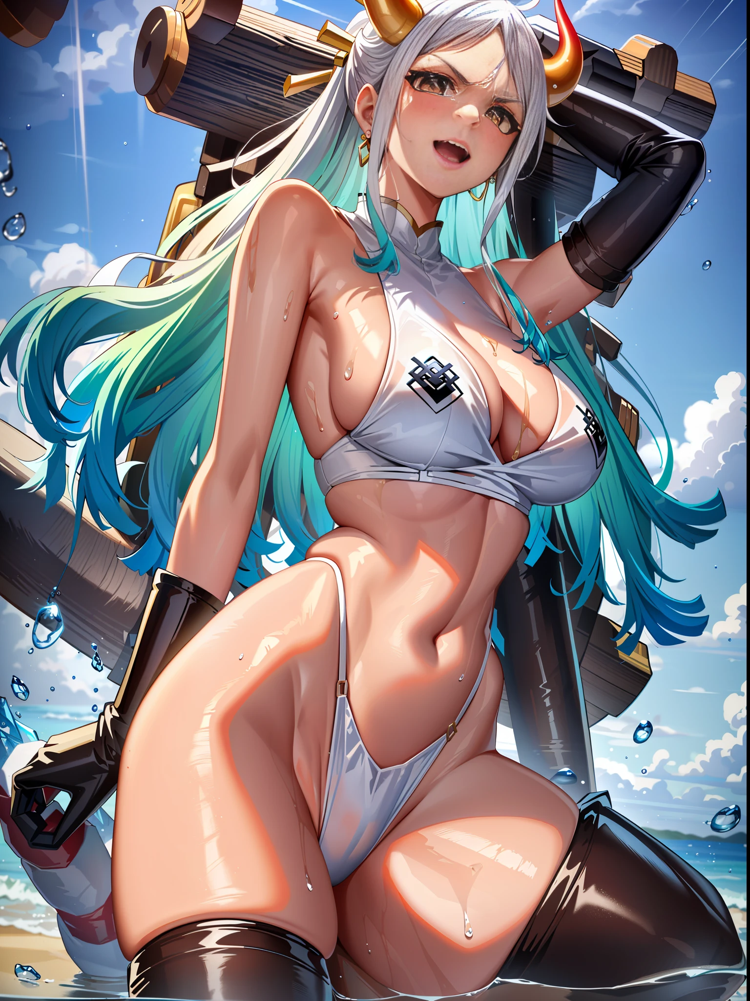 Sagging boobs, huge breasts, boobs squeezed by bikinis. huge tits。 Open your mouth and smile, showing your teeth, fangs. (NSFW: 1.98) Arad woman in bikini poses a sword on the beach, extremely detailed Artgerm, on the beach, Ross landscape background, perfect white-haired girl, seductive anime girl, like Artgerm, on the beach, beautiful seductive anime woman, Rostland !!!, Rostland style, art germ. Anime illustration on sunny beach, (oily skin)) with horns on the head and two red and yellow horns on the head. End of curl. White transparent cheongsam. (Wearing white transparent fabric cheongsam, cheongsam chest opening, highest fabric material, fabric performance 8K, physics engine calculation demonstration):: 1.8. (High-quality, detailed CG art), (beautiful light and shadow, floating effect) (1 person) (shiny hair, blue hair: 1.2 + gray hair: 1.6), when the skin between the chest and lower abdomen is wet, dripping water droplets and sweat slip together, sexy gorgeous, still photos convey a dynamic effect. (extremely detailed, well-made, highest image quality, strong specular reflection of bikinis, clear latex texture) The woman is extremely beautiful, extremely sexy, beautiful and moving, seductive, and the transparent texture of the leggings is just right, making people shine. ((NSFW, low saturation)) ((oily skin)), ((water droplets on the skin)), 1.6. The body is moist and shiny, the body is wet and shiny, the body is wet and shiny, the breasts are bigger, the ass is bigger. ((Masterpiece)), the best quality, super fine, highly realistic, wet all over, bathed in rain, every bead of sweat is clearly visible. (Masterpiece: 1.6), (Best Quality: 1.5), Ultra High Resolution, 1 Girl, Very Detailed, 8K, Beautiful, Detailed Eyes, Looking at the Viewer, Intense Dark Colors, (Depth of Field), (Dynamic), (Epic), Sharp Focus, (Intricate Details: 1.86), Full Color, Nano \ (One Piece), Bangs, Bare Shoulders, Belt, Gold Striped Clear Heart Sticker, Blue Sky, Bracelet, Breasts, (