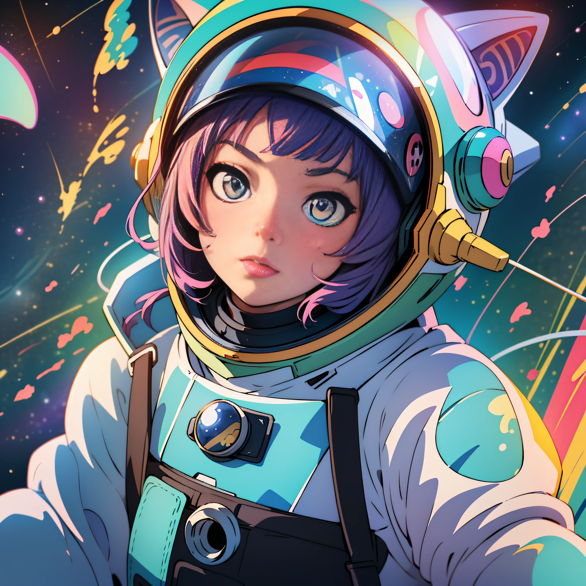 there is a cat wearing a helmet and a helmet on, space cat, astronaut cat, jen bartel, portrait anime space cadet girl, cat in space, cute astronaut sticker art, beeple and jeremiah ketner, portrait of an ai astronaut, space molly, kittens in outer space, in the art style of 8 0 s anime, in spacesuit