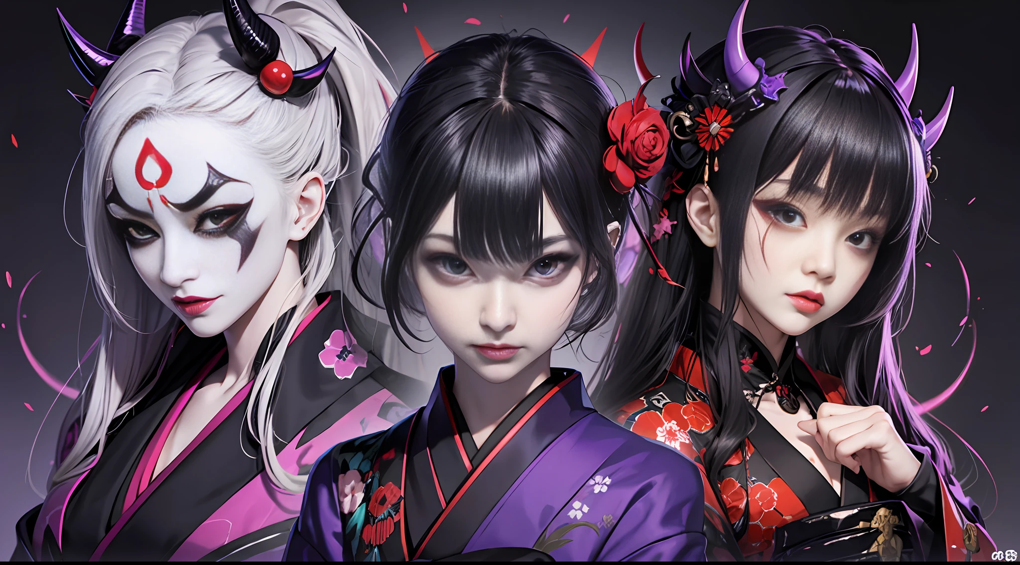 animation of Japanese girls with kimono,joker demon costume,black purple,with demon masks,creepy face,3D,upscales,variations --auto --s2