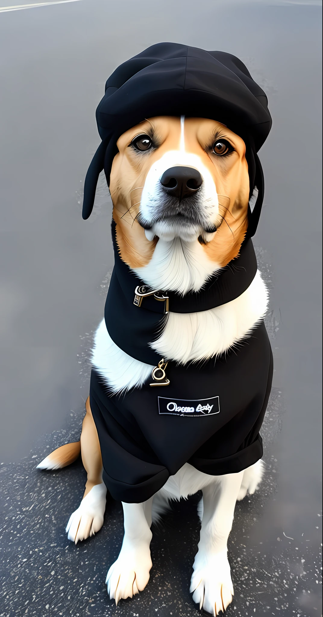 A dog with a black cap on his head