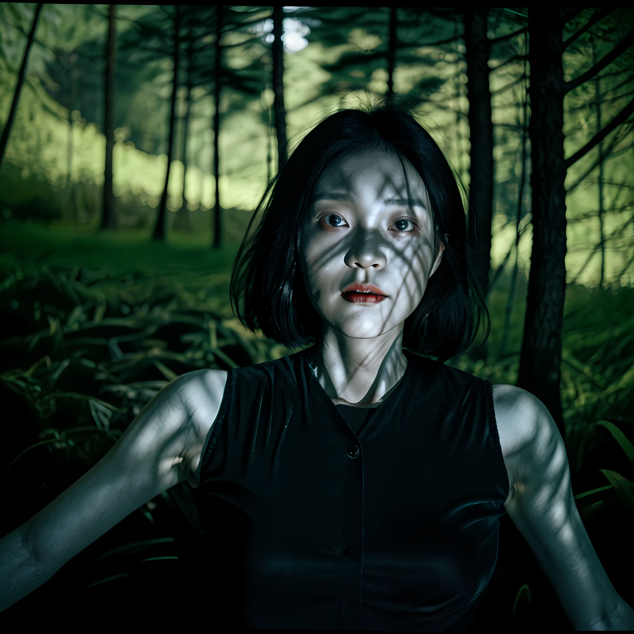 Surrealism, Surrealism, Surrealism, Surrealism, Surrealism, Social realism, Realism, ray tracing, reflection light, cinematic lighting, 8k, super detail, 8k, best quality, high details, high quality, super detail, woman, spirit, scary woman, woman with slightly bluish skin, yellow skin with a bluish touch to give a ghost touch, hair floating as if underwater, black hair, scary look, mummy style clothes, paper wrapped around body, black hair, dark circles, beautiful and scary woman at the same time, body parts cut off, cut on shoulders with flying arms, scary forest background, black lipstick, beautiful and mysterious woman, beautiful and scary woman, perfect, detailed, cuts by body, forest background, dark forest background, terror forest background, forest horror background, scary forest background, short hair, hair hitting shoulder, slightly blurred background, perfect background, detailed background, photographic quality, good quality, no blur, amazing, japanese features, beautiful, scary, slightly bluer skin, scary look, horror smile, more cuts by body, body without a few pieces, cultures by body, black lipstick
