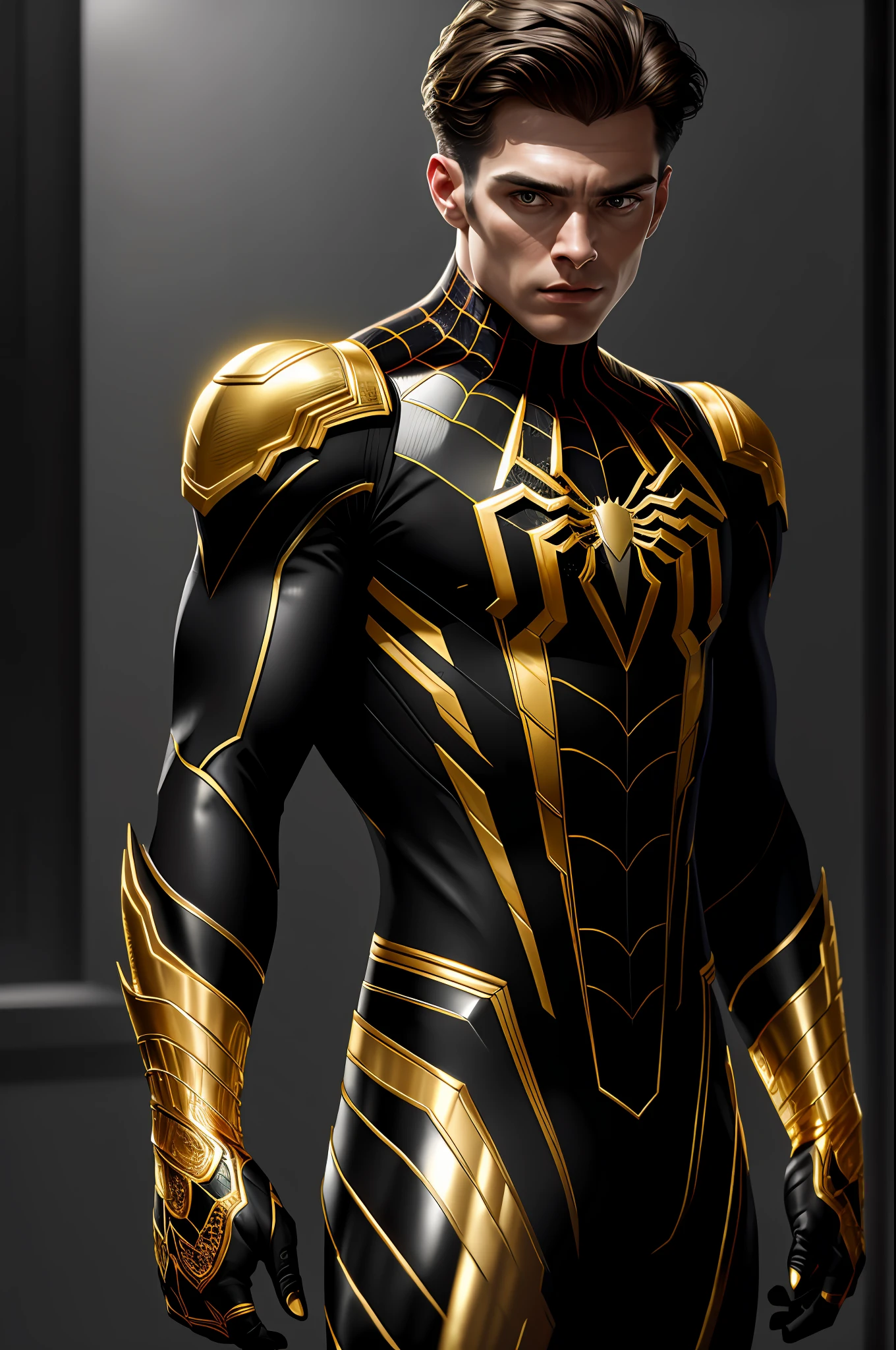 (8k, RAW photo, best quality, masterpiece: 1.2), ultra detailed, authorial art, photo-realistic: 1.37, upper body shot, ((original black and gold uniform: 1.2)), model, marvel spider man, film grain, action pose, a perfect face, 35 years, intricate details, diffused light, by Marvel