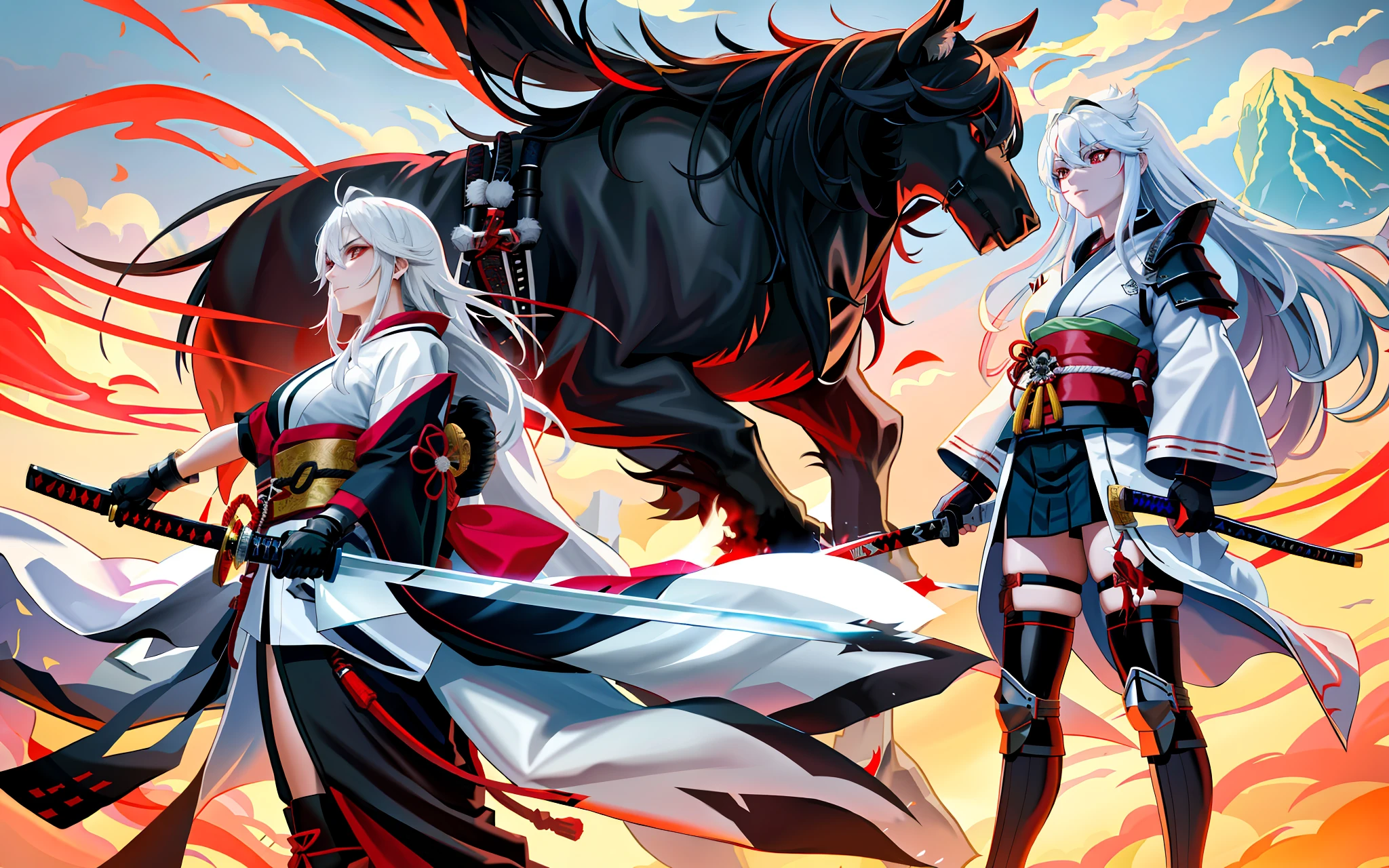 The red katana blade, and the corner of the white cloak, the two are not connected to each other, the colors are distinct, the red cloud is smoky and the layers are distinct, with a sense of realism, and excessive naturalness