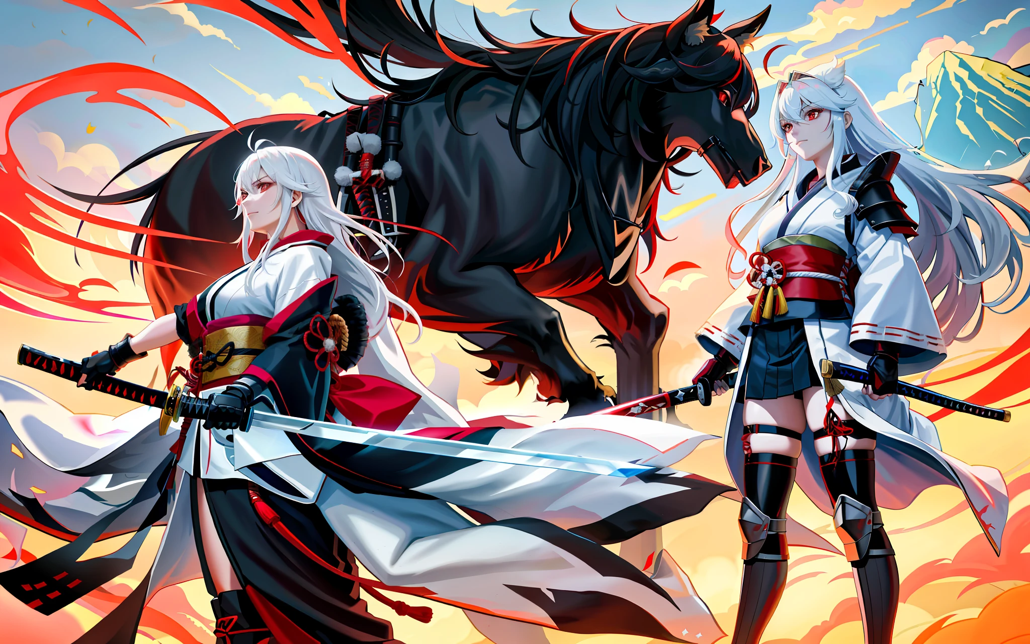 The red katana blade, and the corner of the white cloak, the two are not connected to each other, the colors are distinct, the red cloud is smoky and the layers are distinct, with a sense of realism, and excessive naturalness
