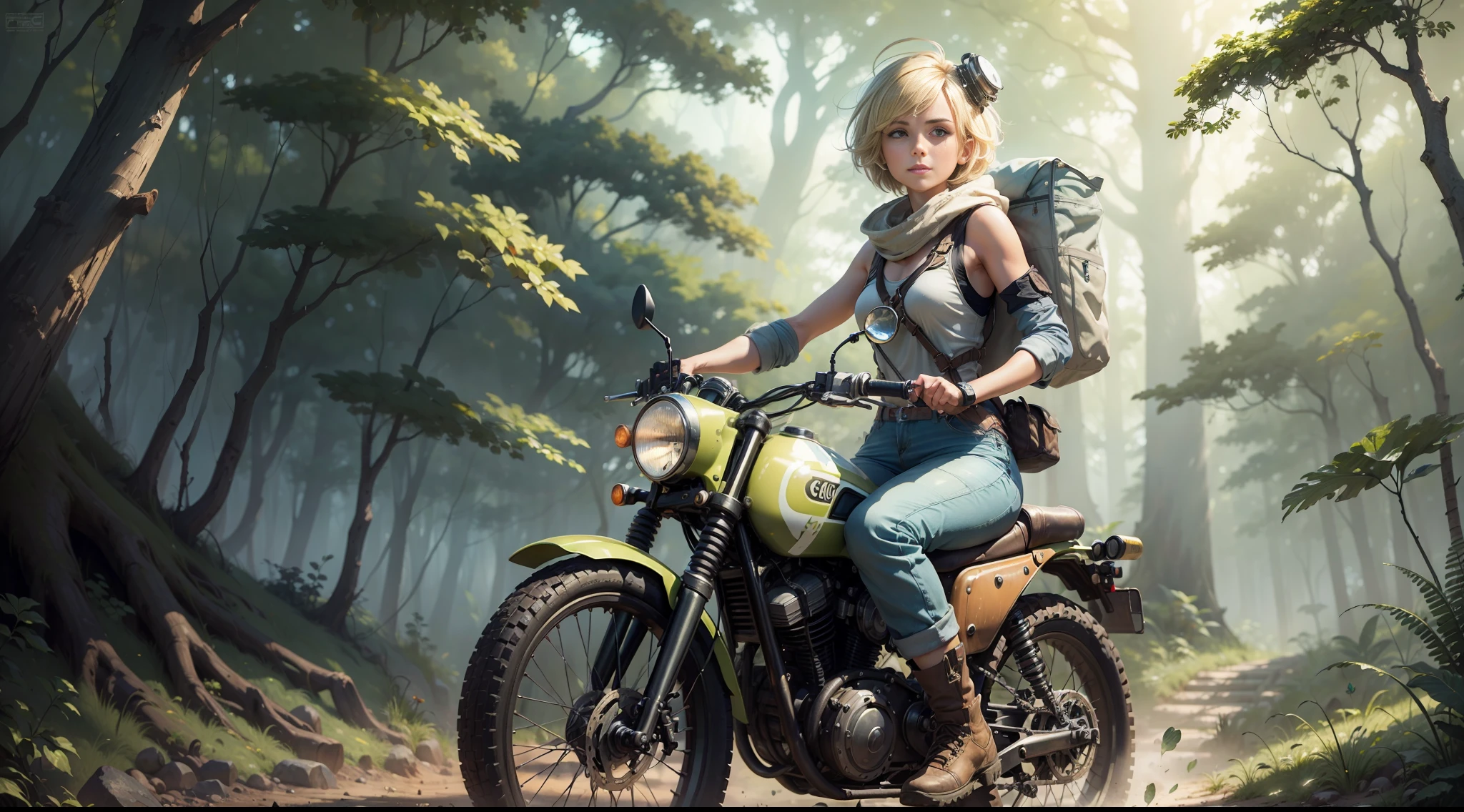((((masterpiece)))), high quality, very_high_resolution, large_filesize, full color, steam punk featuring a futuristic planet,
in a distant forest, bustling alien markets, and an off-road bike. The protagonist is a stunning upper body girl 1 person blonde short bob silver smile, mechanized arms. wearing a white tank top, distressed denim shorts, engineer boots, and riding the off-road bike. beauty,