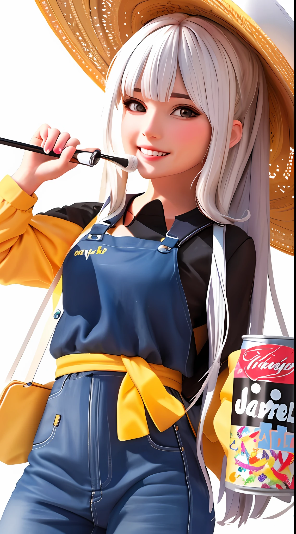 Best quality, realistic, award-winning illustration, (tricky detail: 1.2), (fine detail), (tricky detail), (cinematic lights, best quality), sharp lines, sharp focus, official artwork, 16k, A beautiful woman with a smiling face, wearing a straw hat, wearing a June party hat, June parties, white graffiti splash background, a beautiful young chef, wearing a black apron with colorful blouse emblazoned in June party colors, Wearing jeans, medium black hair, holding a large can of delicious candy, creamy candy splash, character design by George Lucas style, white background.