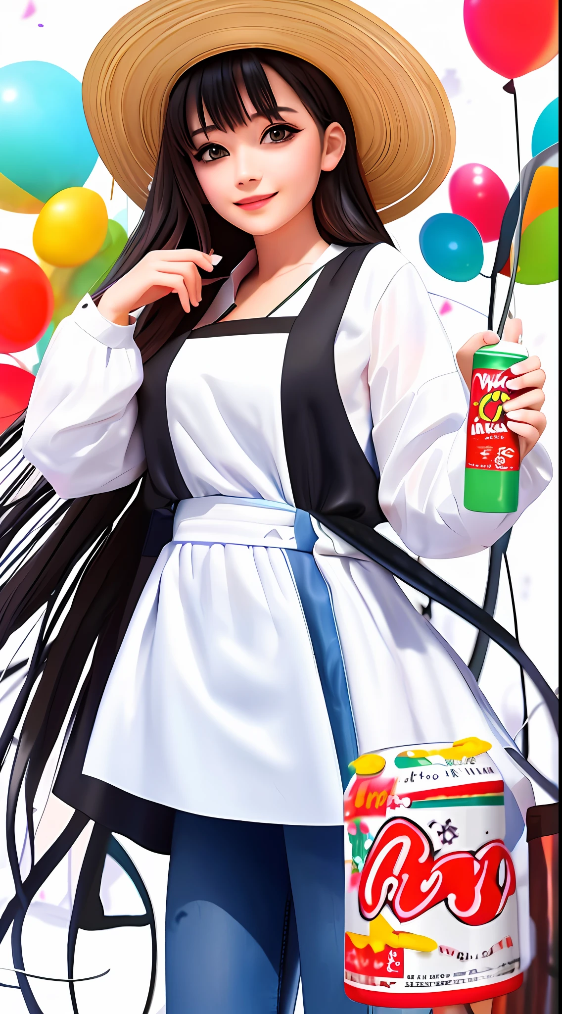 Best quality, realistic, award-winning illustration, (tricky detail: 1.2), (fine detail), (tricky detail), (cinematic lights, best quality), sharp lines, sharp focus, official artwork, 16k, A beautiful woman with a smiling face, wearing a straw hat, wearing a June party hat, June parties, white graffiti splash background, a beautiful young chef, wearing a black apron with colorful blouse emblazoned in June party colors,  Wearing jeans, medium black hair, holding a large can of delicious candy, creamy candy splash, character design by George Lucas style, white background.