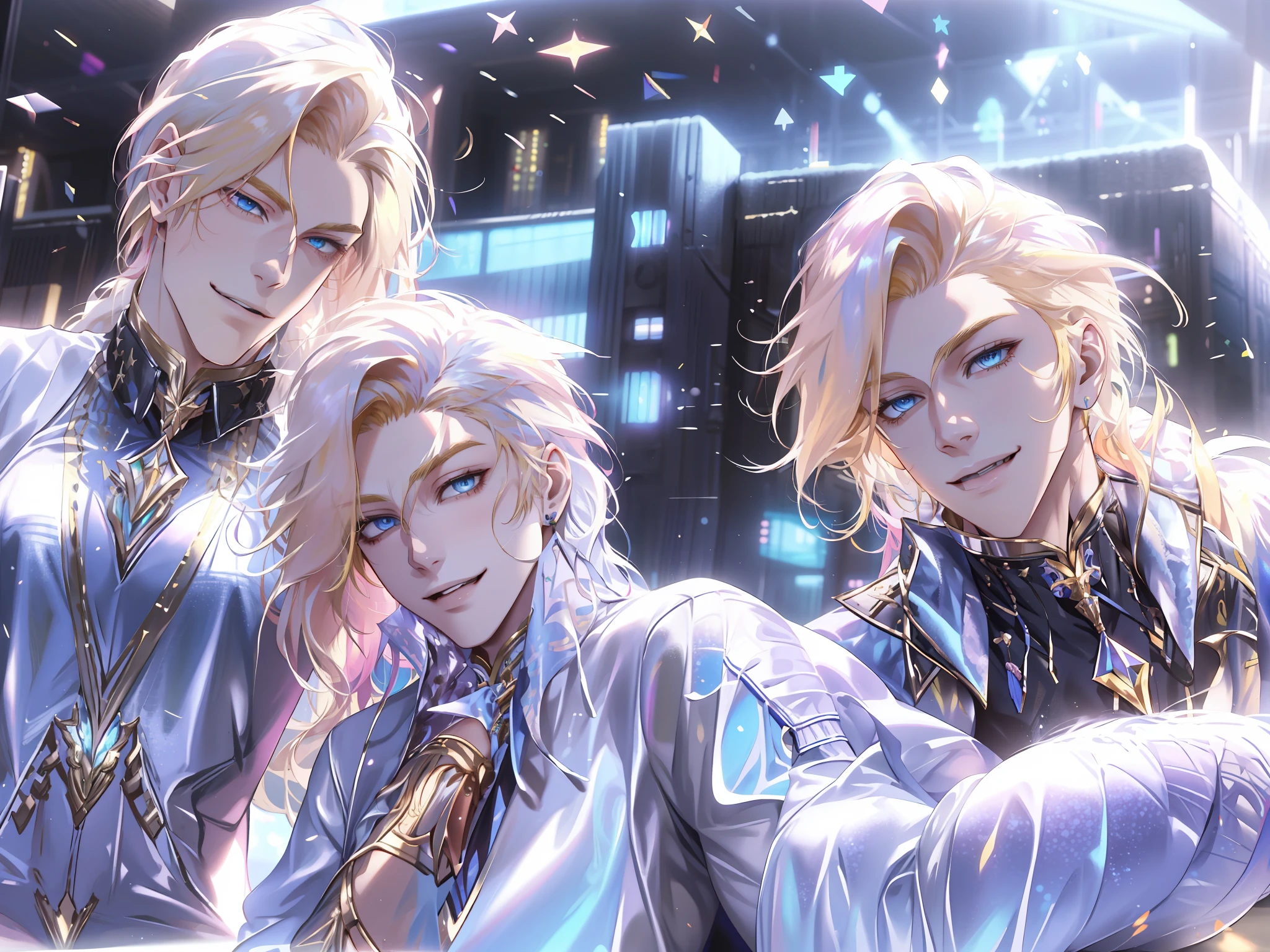 masterpiece, best quality, highres, ahri1, 1girl, 2boy, blonde hair, k/da \(league of legends\), long hair, multicolored hair, open hair, blue eyes, two-tone hair, large breasts, poolside, micro bikini, smile, handsome young boys, stylish suit, short black hair, attractive, particles, godly