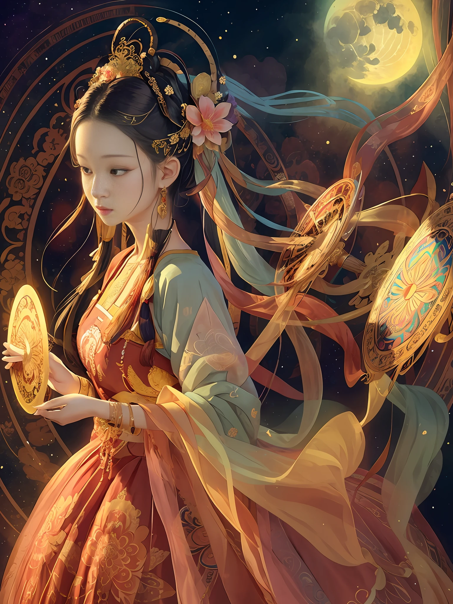 absurd, tall, super detailed, 1 girl, solo, dunhuang, gorgeous, dance, flying, chinese style, dance sleeves, (colorful clouds, colorful halos: 1.3), (forehead markings, hair flowers, hair accessories, jewelry, hair clips, hair rings, tiara, long hair, earrings, (colored long skirt: 1.2), cuffs), fluttering, clear facial features, delicate face, super detailed eyes, flowers, colored eyes, multi-colored hair, portrait (master works: 1.2, best quality), super fine, Ultra-accurate presentation (dynamic pose), color (top to bottom: 1.2), natural light, strong light, sky background, butterfly, Chinese clothing, face markers, hanfu, handheld musical instrument, pipa, long hair, looking at the audience, parted lips, faint smile, solo, bright colors, official art, unified 8k wallpaper, super detailed, beautiful beauty, masterpiece, best quality, (zandeji, mandala, tangles, tangles), extremely detailed, dynamic angles, the most beautiful chaotic forms, elegant, brutalist design, Bright colors, romanticism, atmosphere, ecstatic notes, visible flowing notes, 5 fingers, illusory background, flying ribbon, beautiful sky, bright moon, flying sleeves,