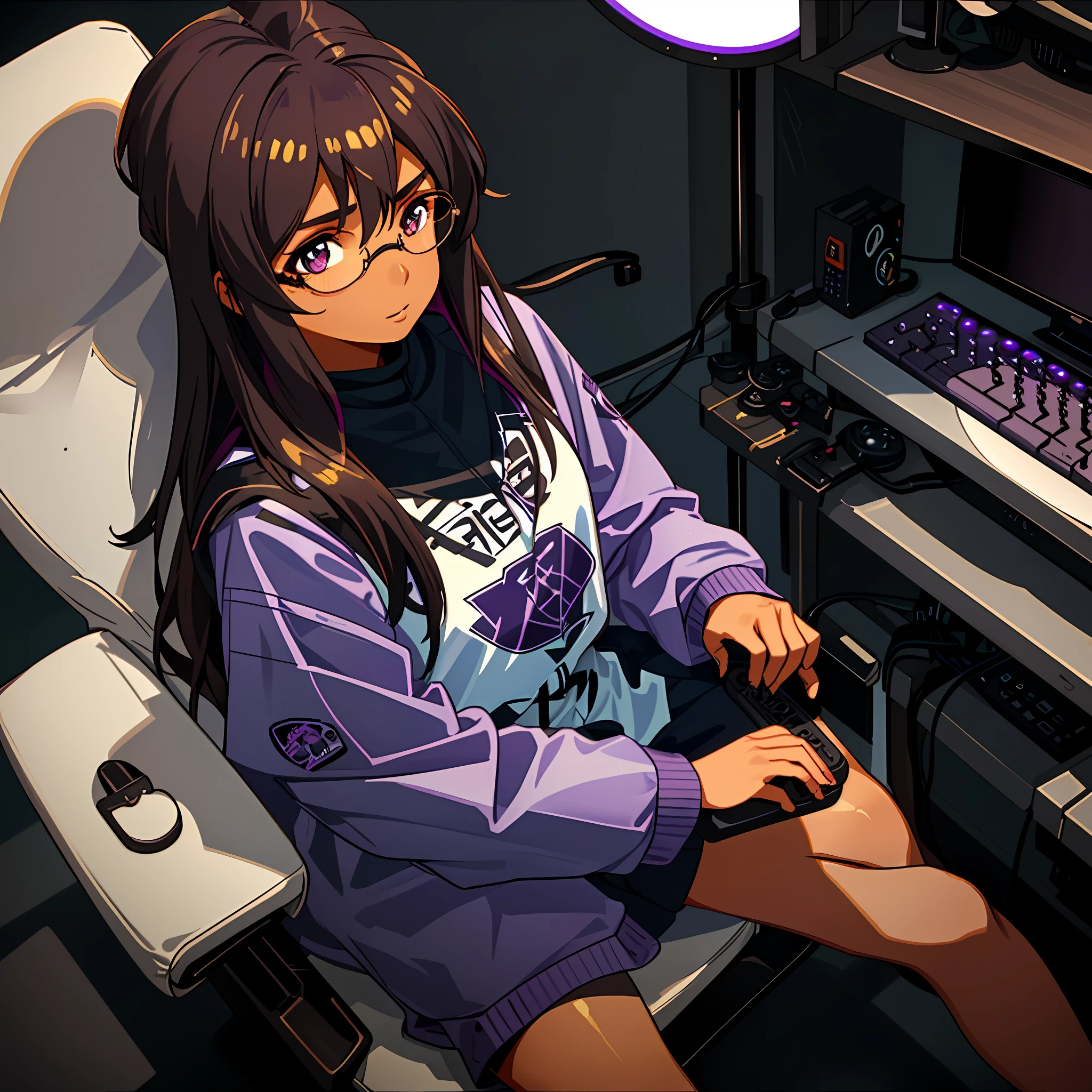 1girl (just her), brown skin, wavy black hair (with shades of purple), golden eyes (shiny), playing video games, with a challenging look, sitting in a chair, and holding a video game controller, round face, ultra realistic eyes, realistic lighting, Radiosity, Close UP.