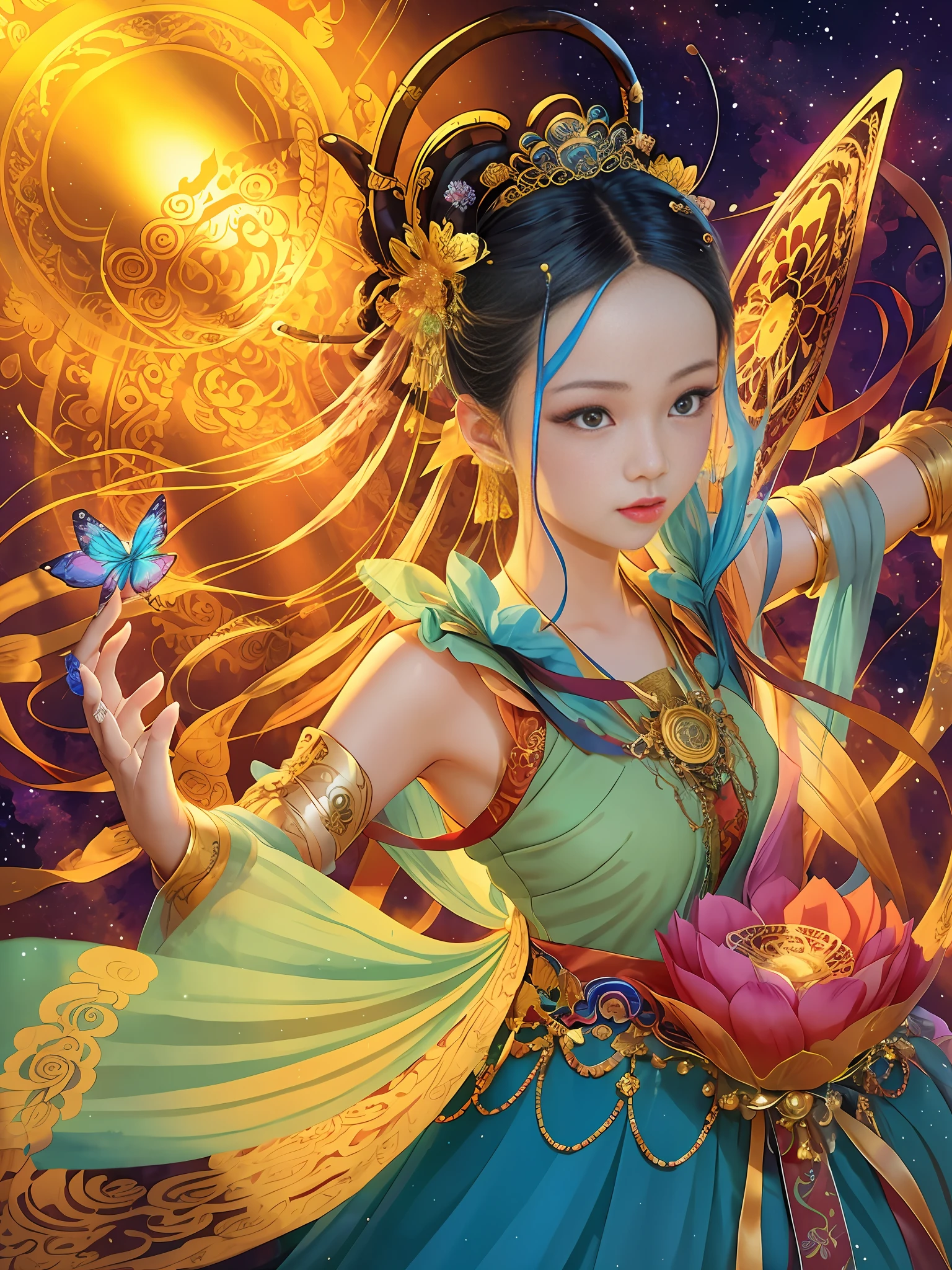 absurd, tall, super detailed, 1 girl, solo, dunhuang, gorgeous, dance, flying, chinese style, dance sleeves, (colorful clouds, colorful halos: 1.3), (forehead markings, hair flowers, hair accessories, jewelry, hair clips, hair rings, tiara, long hair, earrings, (colored long skirt: 1.2), cuffs), fluttering, clear facial features, delicate face, super detailed eyes, flowers, colored eyes, multi-colored hair, portrait (master works: 1.2, best quality), super fine, Ultra-accurate presentation (dynamic pose), color (top to bottom: 1.2), natural light, strong light, sky background, butterfly, Chinese clothing, face markers, hanfu, handheld musical instrument, pipa, long hair, looking at the audience, parted lips, faint smile, solo, bright colors, official art, unified 8k wallpaper, super detailed, beautiful beauty, masterpiece, best quality, (zandeji, mandala, tangles, tangles), extremely detailed, dynamic angles, the most beautiful chaotic forms, elegant, brutalist design, Bright colors, romanticism, atmosphere, ecstatic notes, visible flowing notes, 5 fingers, illusory background, flying ribbon, beautiful sky, bright moon, flying sleeves,