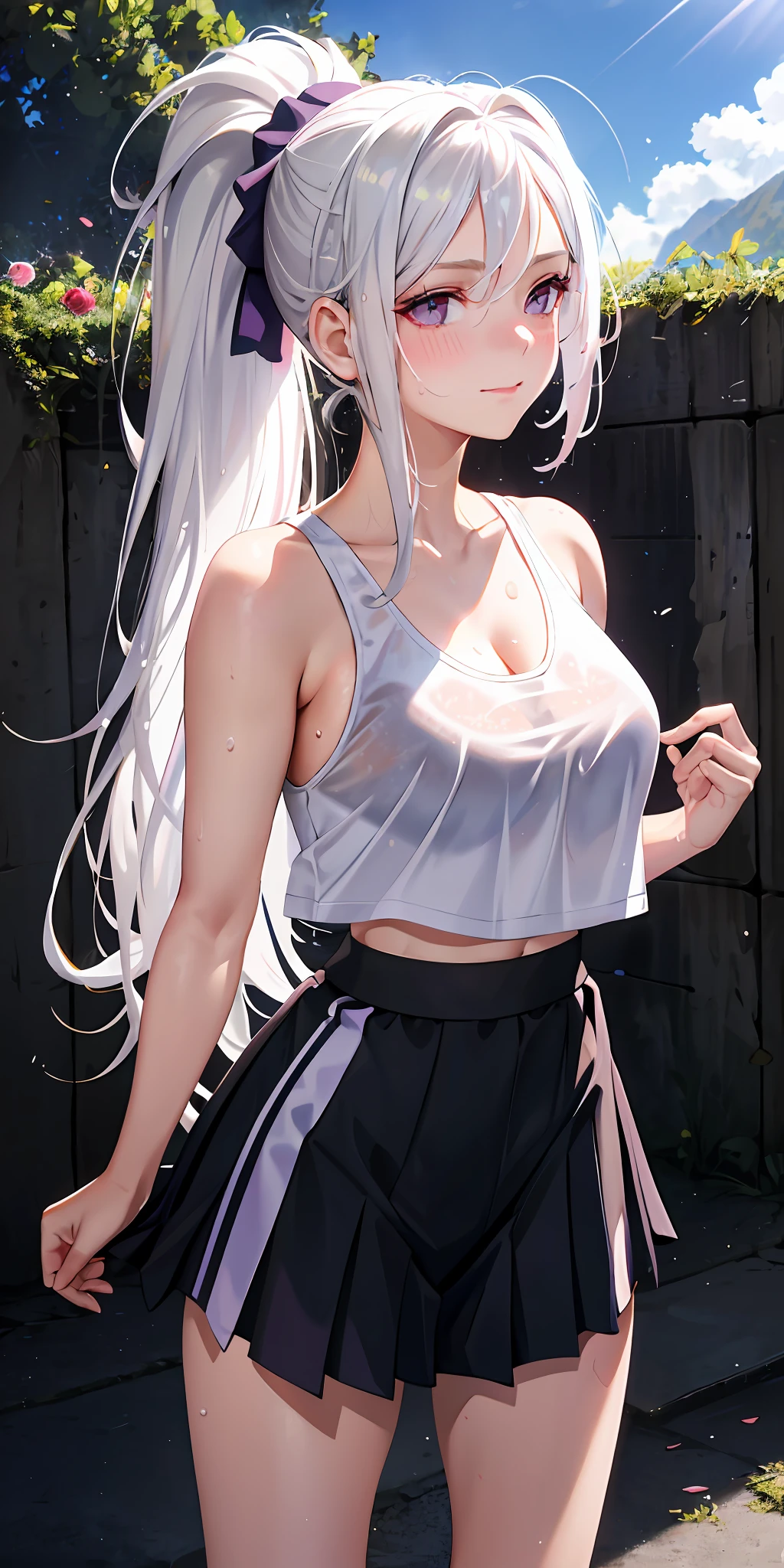 Realistic, 1girl, ponytail, cleft lip, blush, makeup, light smile, white hair, sportswear, skirt, wet clothes, glowing hair, thighs, purple eyes, bare shoulders, collarbone, narrow waist, sunshine, sunlight, rose, wind, cleavage, (masterpiece), sweat, nudity