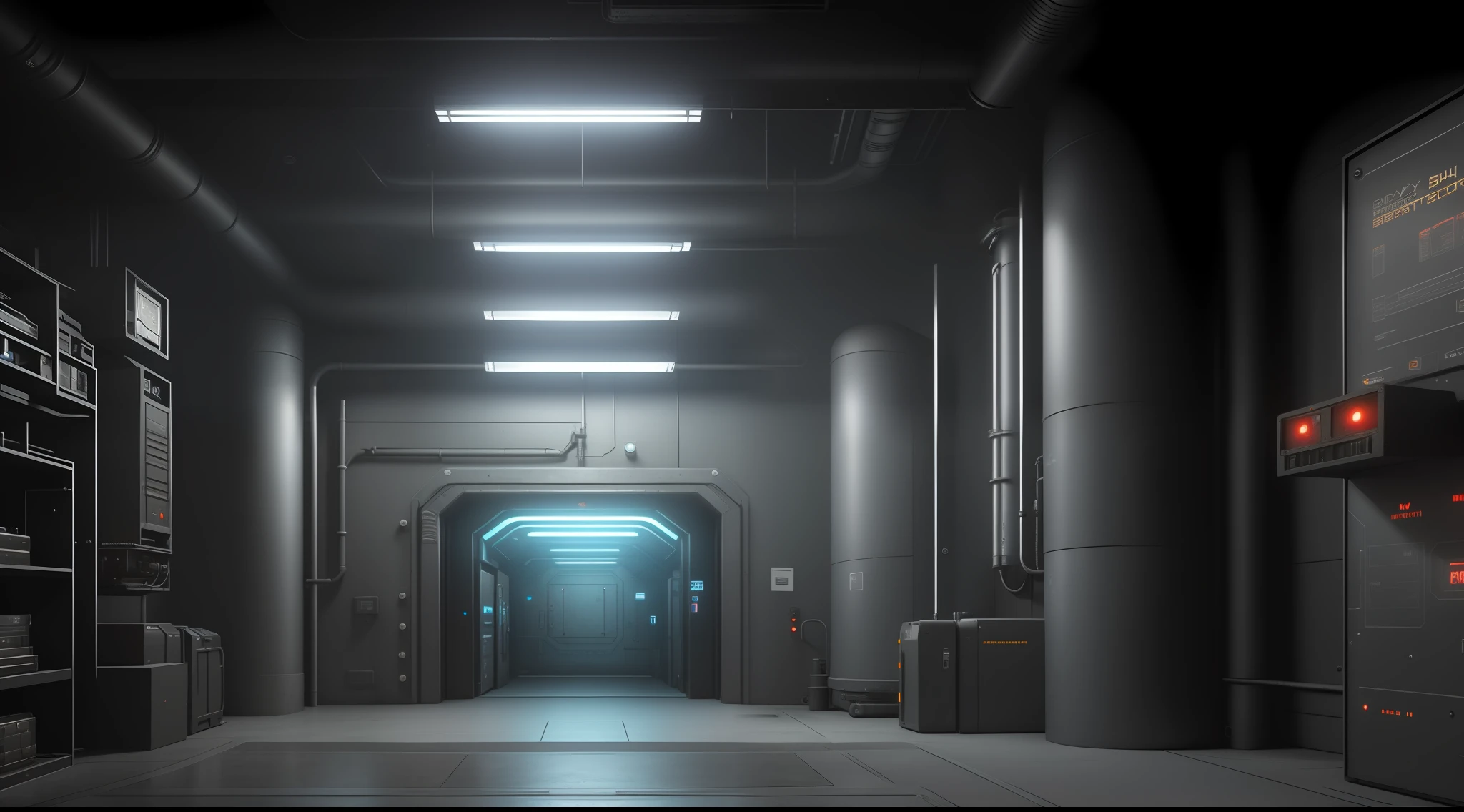 (highly detailed:1.2),(best quality:1.2),(8k:1.0),(emb-rrf-low:1.0),sharp focus,(award-winning photograph:1.2), (subsurface scattering:1.1), Futuristic cyberpunk basement very industrial with a big door on composition by Robert Broomfield, 3D art, photorealistic, hyper-detailed, dystopian, trending on ArtStation, cinematic lighting, sci-fi, and fantasy.
