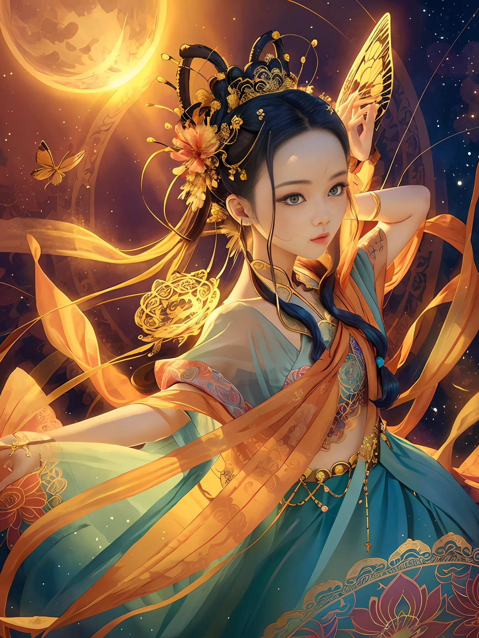 absurd, tall, super detailed, 1 girl, solo, dunhuang, gorgeous, dance, flying, chinese style, dance sleeves, (colorful clouds, colorful halos: 1.3), (forehead markings, hair flowers, hair accessories, jewelry, hair clips, hair rings, tiara, long hair, earrings, (colored long skirt: 1.2), cuffs), fluttering, clear facial features, delicate face, super detailed eyes, flowers, colored eyes, multi-colored hair, portrait (master works: 1.2, best quality), super fine, Ultra-accurate presentation (dynamic pose), color (top to bottom: 1.2), natural light, strong light, sky background, butterfly, Chinese clothing, face markers, hanfu, handheld musical instrument, pipa, long hair, looking at the audience, parted lips, faint smile, solo, bright colors, official art, unified 8k wallpaper, super detailed, beautiful beauty, masterpiece, best quality, (zandeji, mandala, tangles, tangles), extremely detailed, dynamic angles, the most beautiful chaotic forms, elegant, brutalist design, Bright colors, romanticism, atmosphere, ecstatic notes, visible flowing notes, 5 fingers, illusory background, flying ribbon, beautiful sky, bright moon, flying sleeves,