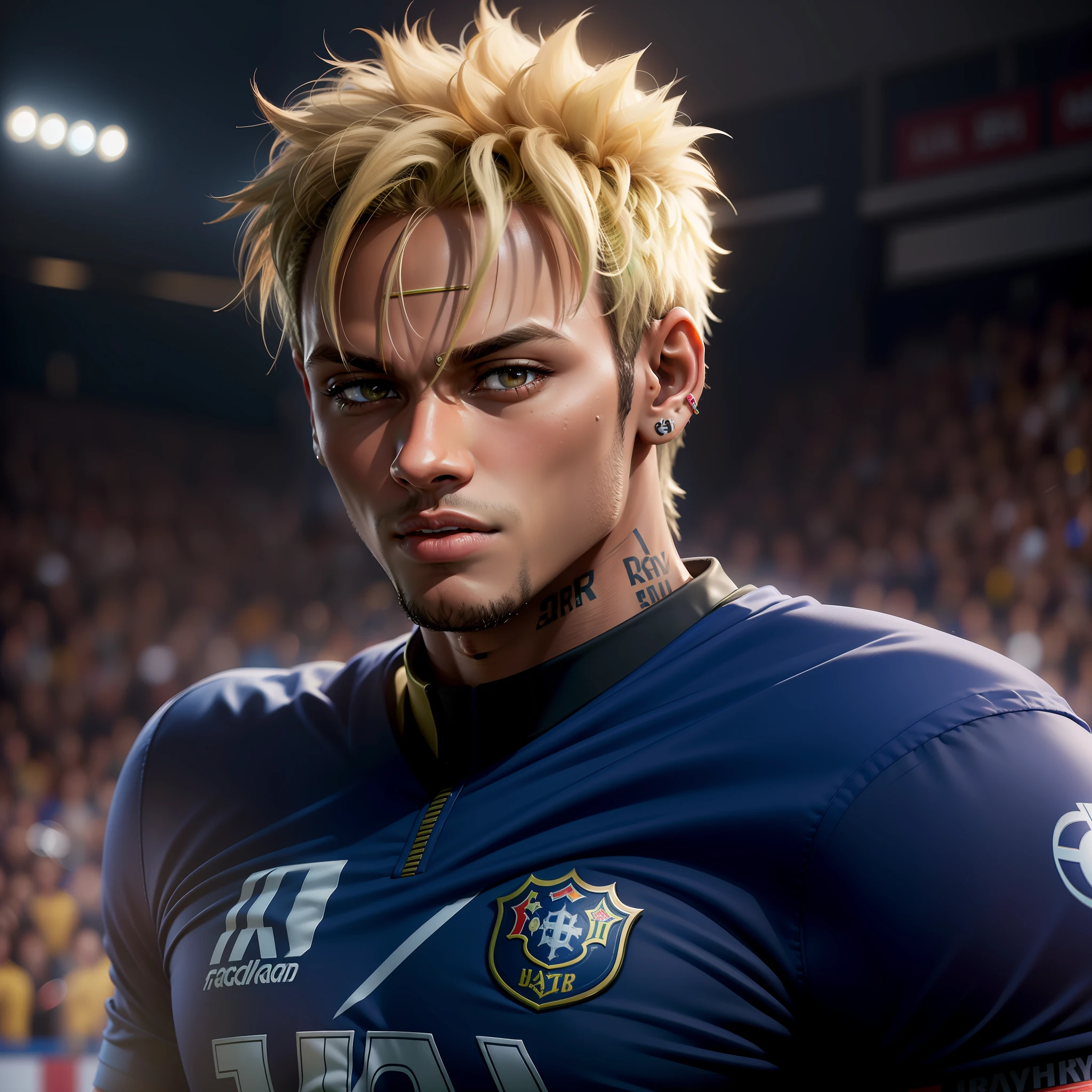 neymar face, neymar, football player, high resolution, 8k, ultra hd, 3d, high diffinition, sharp focus, best quality, on the pitch, stadium, brazil shirt, (8k, RAW photo, best quality, ultra high resolution, ultra detailed, official art, photo-realistic, sharp focus, neymar player, realistic, future