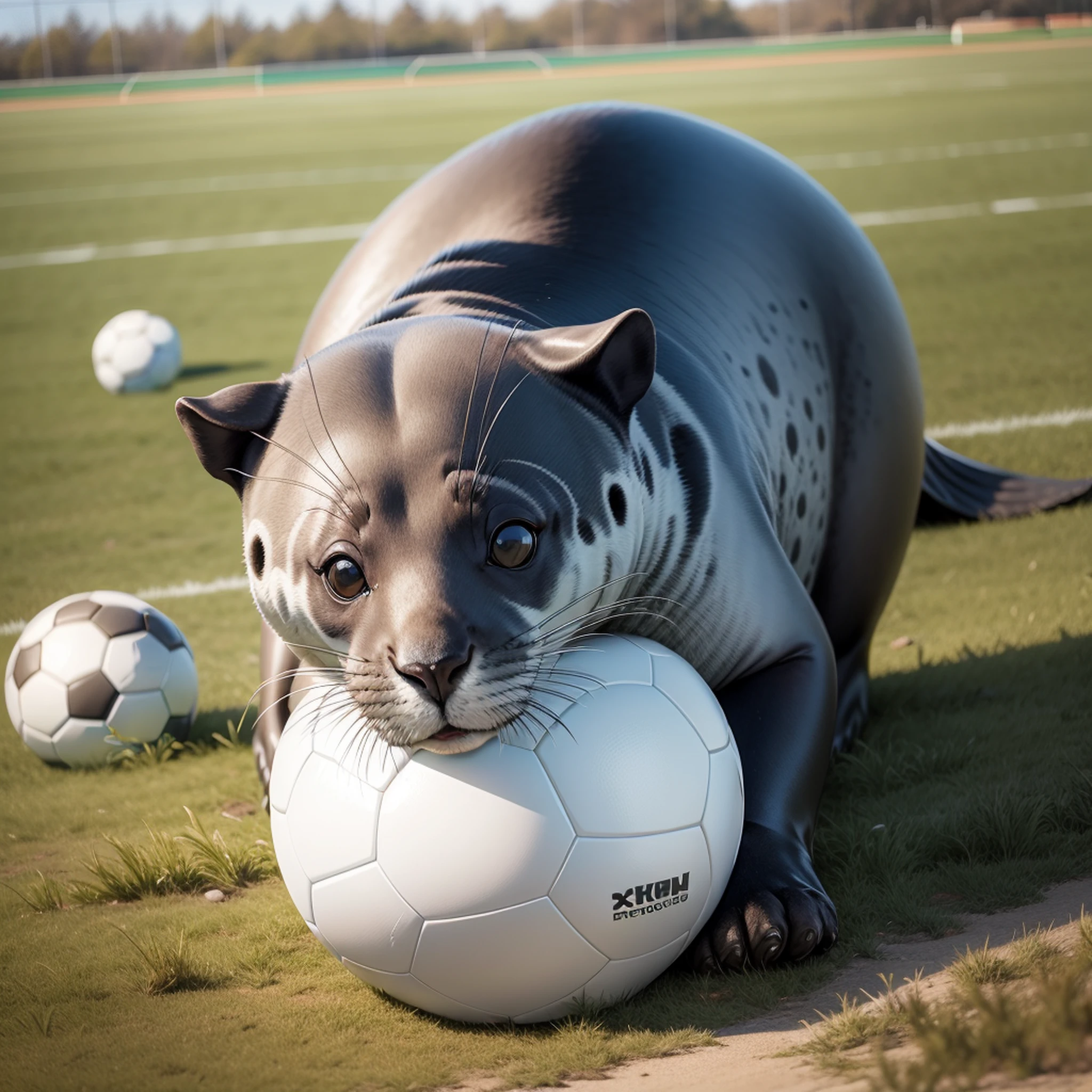a mammal seal, with a soccer ball, on the White soccer field, 8k --auto --s2