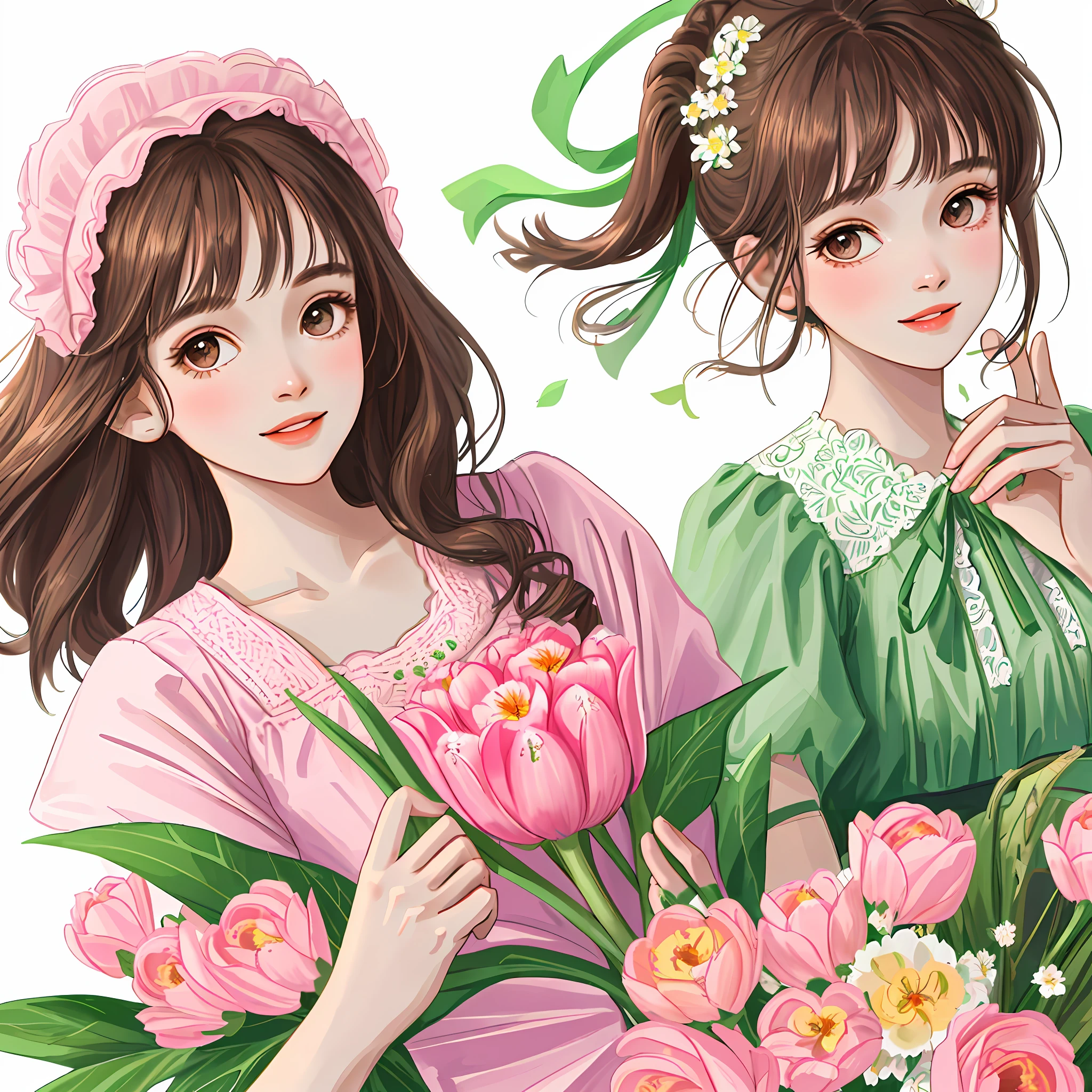 Sweet girl, cute, melon seed face, young sunshine, long dark brown hair, slightly curly, bright big eyes, delicate nose, pink lips, beautiful and touching smile, green floral dress, pink tulip in hand, face close to pink tulip, front, bust portrait, high quality CG, 8K resolution, super clear, white background --ar 9:16 --v 5.1