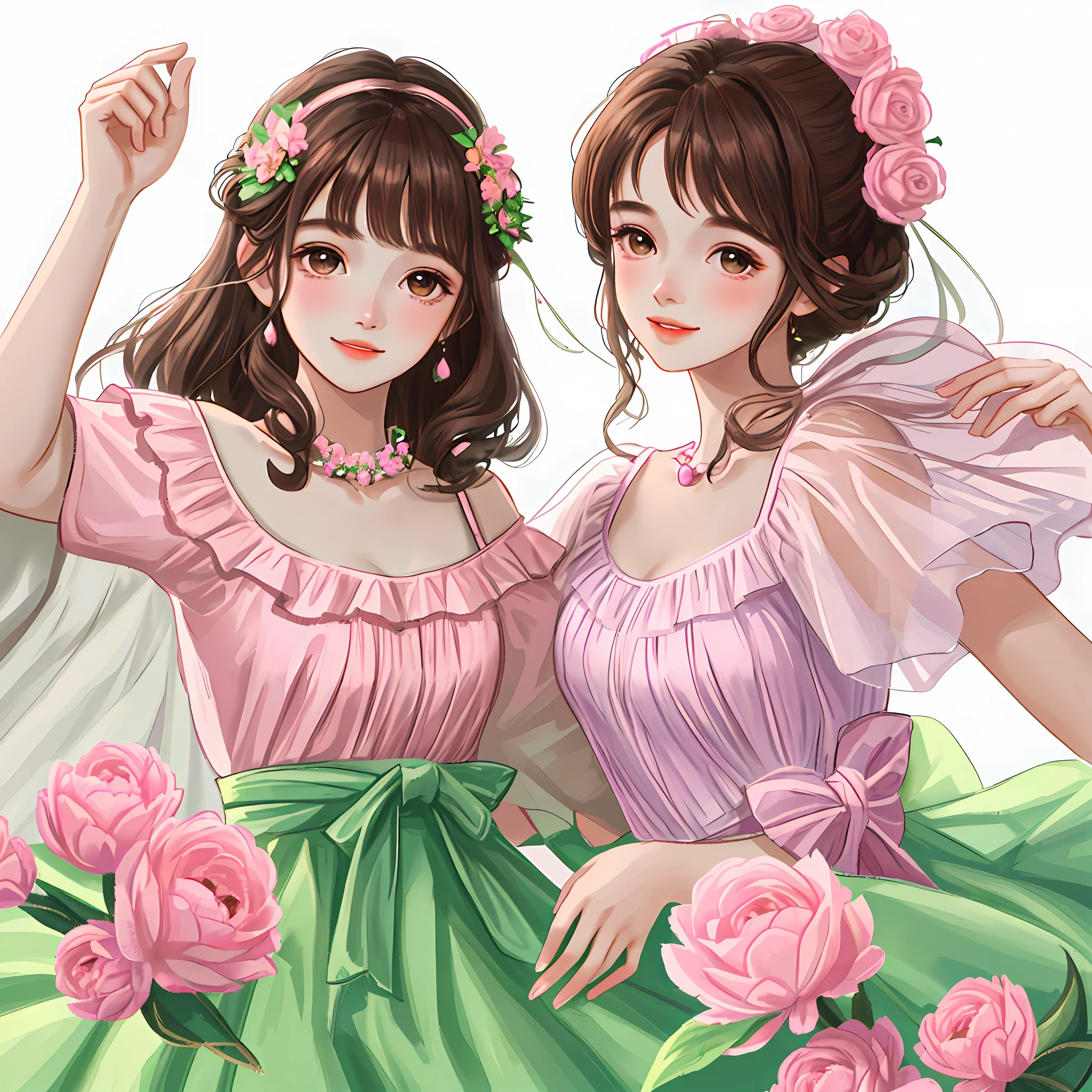 Sweet girl, cute, melon seed face, young sunshine, long dark brown hair, slightly curly, bright big eyes, delicate nose, pink lips, beautiful and touching smile, green floral dress, pink tulip in hand, face close to pink tulip, front, bust portrait, high quality CG, 8K resolution, super clear, white background --ar 9:16 --v 5.1