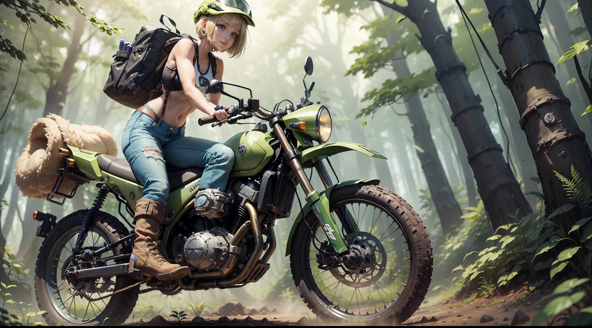 ((((masterpiece)))), high quality, very_high_resolution, large_filesize, full color, steam punk featuring a futuristic planet,
in a distant forest, bustling alien markets, and an off-road bike. The protagonist is a stunning upper body girl 1 person blonde short bob silver smile, mechanized arms. wearing a white tank top, distressed denim shorts, engineer boots, and riding the off-road bike. beauty,