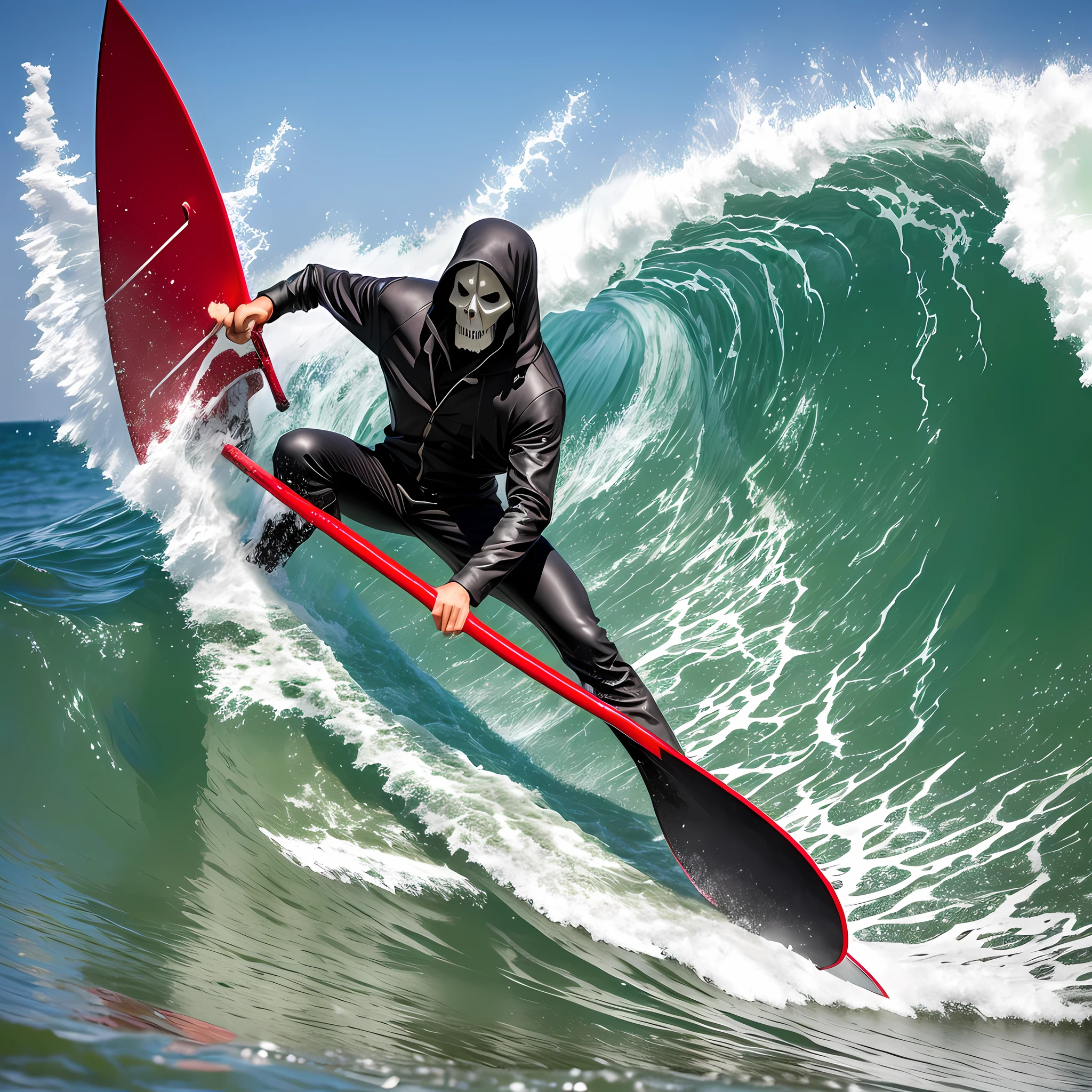 grim reaper holding and swinging huge gothic sickle surfing frustrated in crowded waves --auto --s2