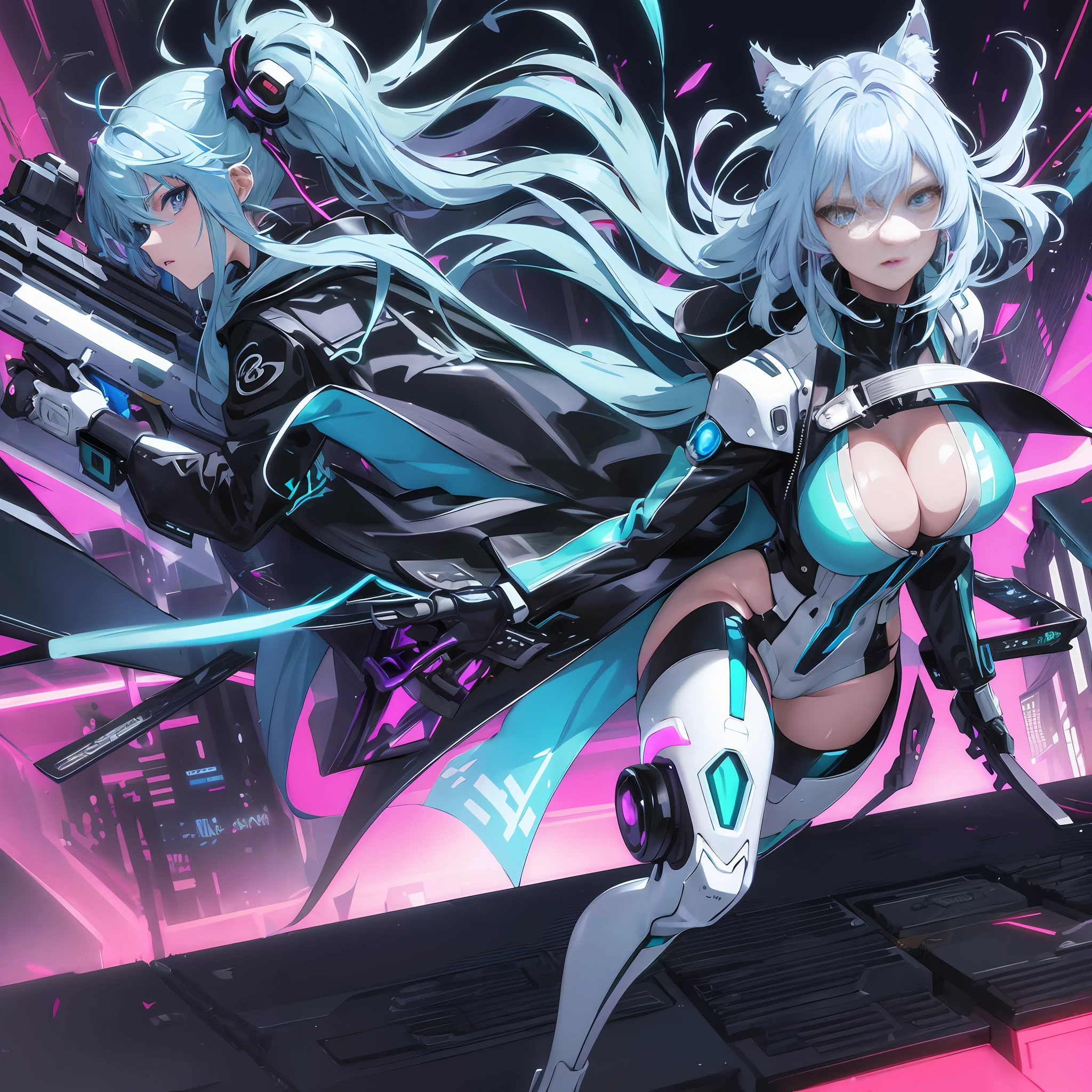 Anime character with long white hair and blue eyes in 3D, futuristic city ((beautiful one woman)), very sexy body, big breasts, sexy expression, looking directly at the camera, take a rainbow, futuristic black jacket, digital cyberpunk anime art, bad anime 8k, best anime 4k konachan wallpapers, anime style 4k, digital cyberpunk - anime art , anime art wallpaper 8k, anime wallpaper 4K, anime wallpaper 4K, anime art wallpaper 4k, anime cyberpunk art, top quality digital art, full body close-up shot, stunning art by Makoto Shinkai, with futuristic glowing gun, quick movement, tremendously detailed metallic costumes and backgrounds, tremendously detailed mechanical costumes and backgrounds, extremely fine shiny costumes and backgrounds, Detailed patterned costumes and backgrounds, futuristic monitors installed in the background, chasing mechanical glowing cyberpunk cat ears,