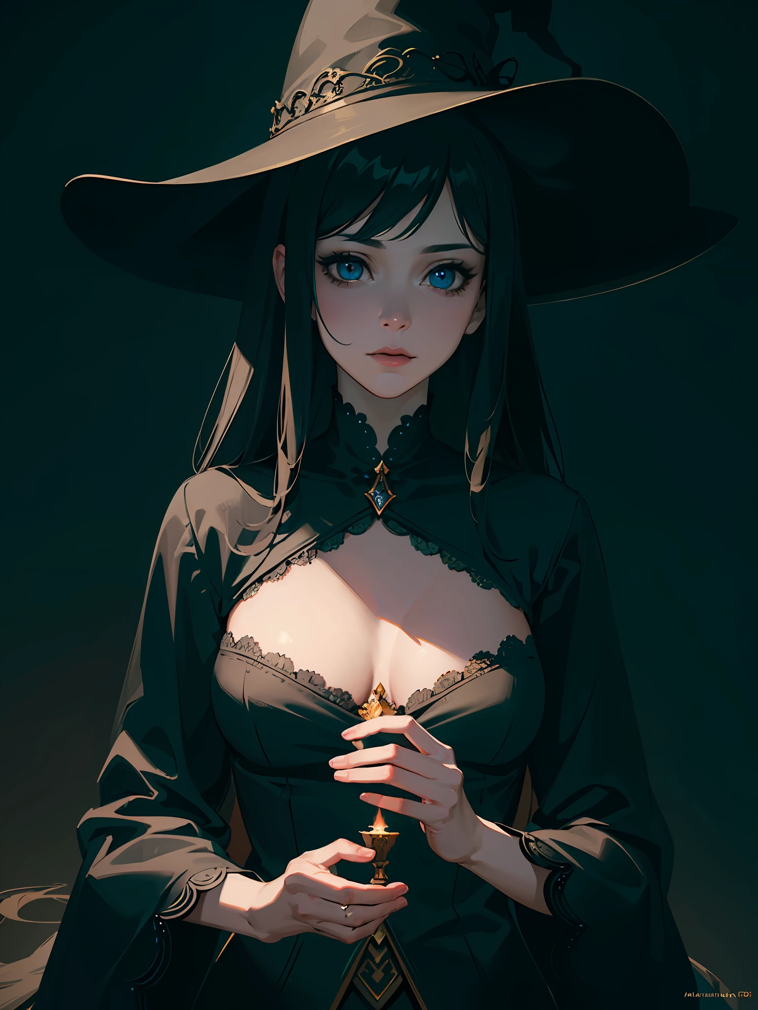 ((best quality)), ((masterpiece)), (detailed), highly detailed skin, ((ultra-detailed)), photorealistic, sharp focus, HDR, 8K resolution, intricate detail, sophisticated detail, cinematic lighting, (illustration), (beautiful detailed eyes), witch with a black hat and a candle in her hand, stunning character art, stunning digital illustration, alexandra fomina artstation, cinematic matte illustration, fantasy concept art portrait, photorealistic dark concept art, best of artstation, trending on artstation:3, cgsociety portrait, character art closeup, sfw