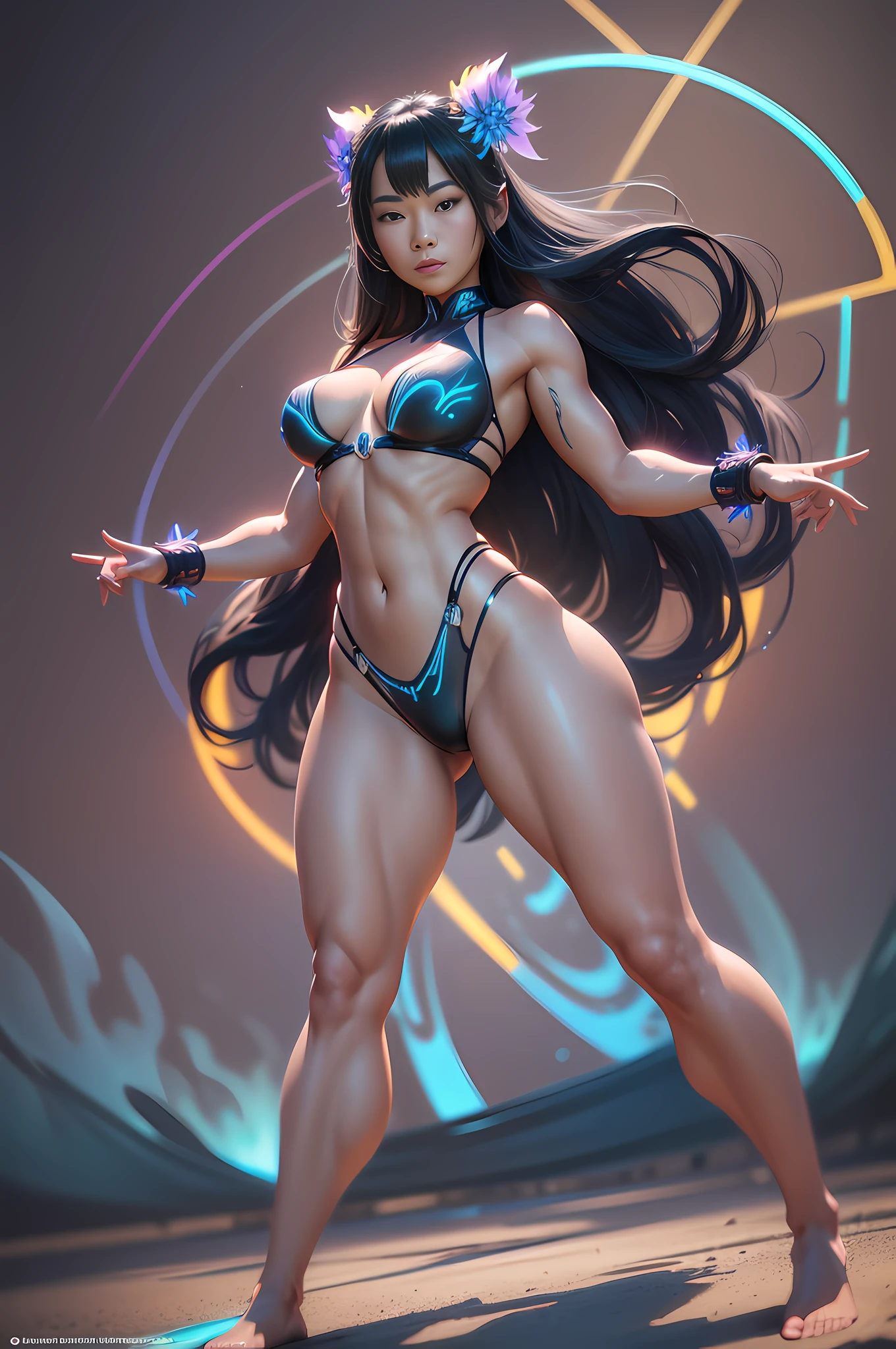 a portrait of a full body beautiful futuristic asian hula girl, young with long hair, bioluminescence bikini top and short skit, hyper - realistic, very detailed, intricate, very sexy pose, slight smile expression, unreal engine, by artgerm, (wlop:1.13) and ross thran, dramatic cinematic lighting rendered by octane, 8 k, detailed --auto --s2