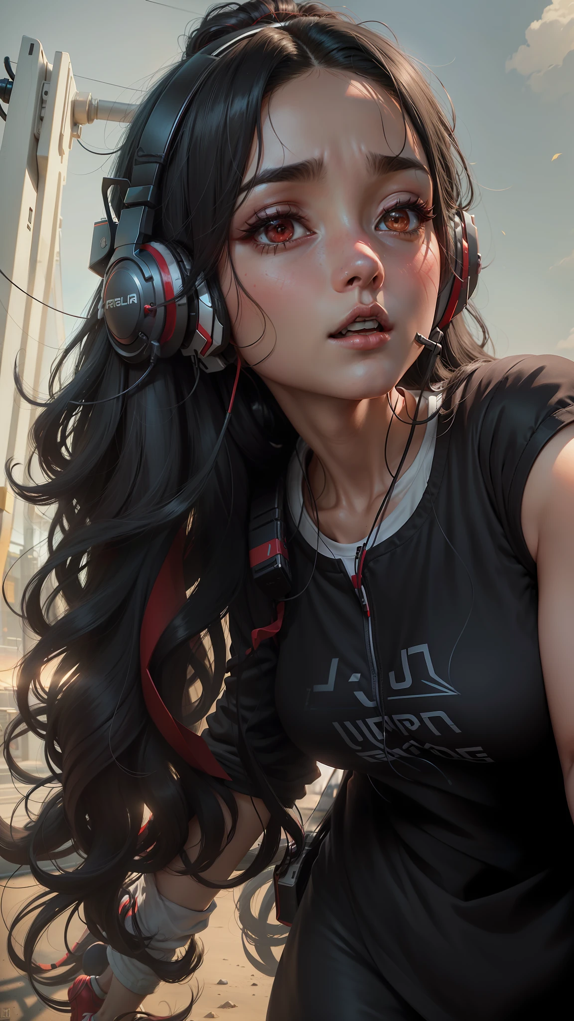arafed woman with long black hair wearing red headphones and a white shirt, wearing a gaming headset, wearing gaming headset, irelia, alena aenami and artgerm, girl wearing headphones, red headphones, gaming headset, anime style 4 k, red mood in background, profile picture 1024px, e-sport style, gaming, with headphones