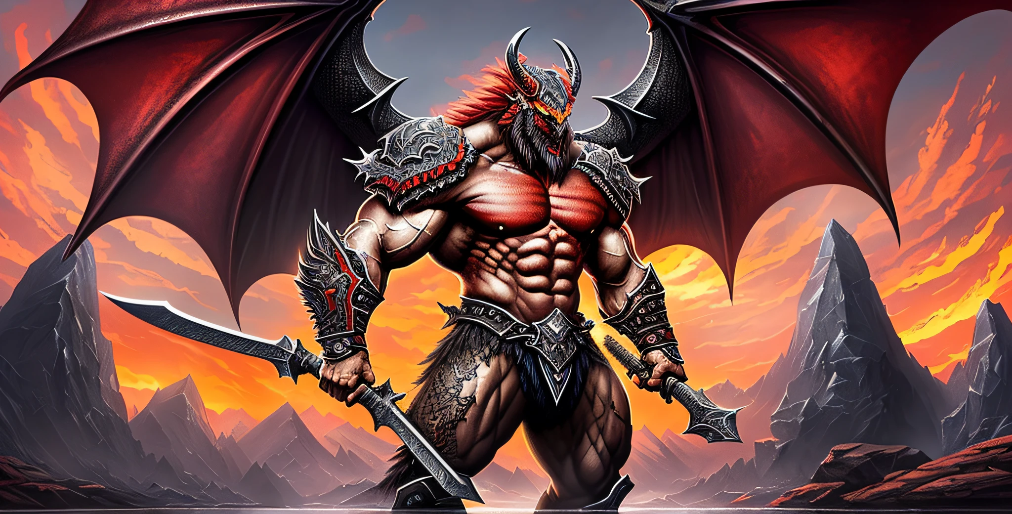 (an amazing illustration)) exemplary quality, ultra-detailed resolution,(a muscular barbarian, dragon wings, dark gray skin, wielding a giant and brutal axe),(a completely red sky) - (a dazzling style, detailed and very well defined stroke) --auto --s2