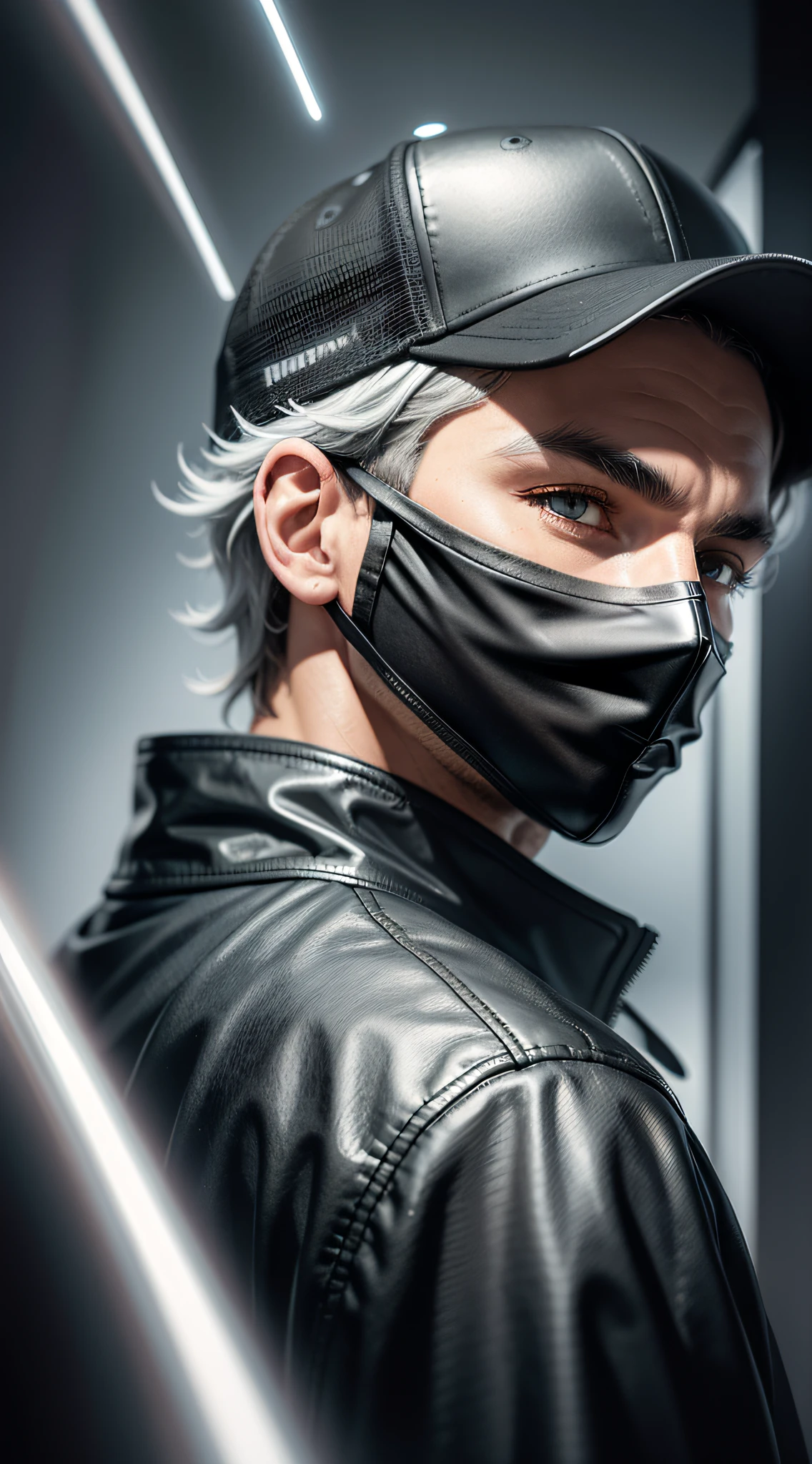 Man, wearing a black mask, black baseball cap, black coat, short silver hair, beautiful eyes, liquid flying around, mysterious, ancient, Bauhaus art, dramatic lighting, high resolution