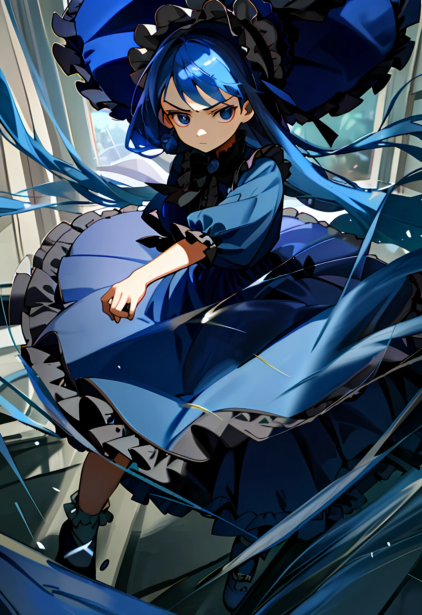 (masterpiece, best quality, illustration), 1 little girl, face focus, long blue hair, half updo, expressionless face, glaring, long navy blue Lolita style dress, bonnet hat, full body, fighting motion pose, loli, smooth light, (bright), clear
