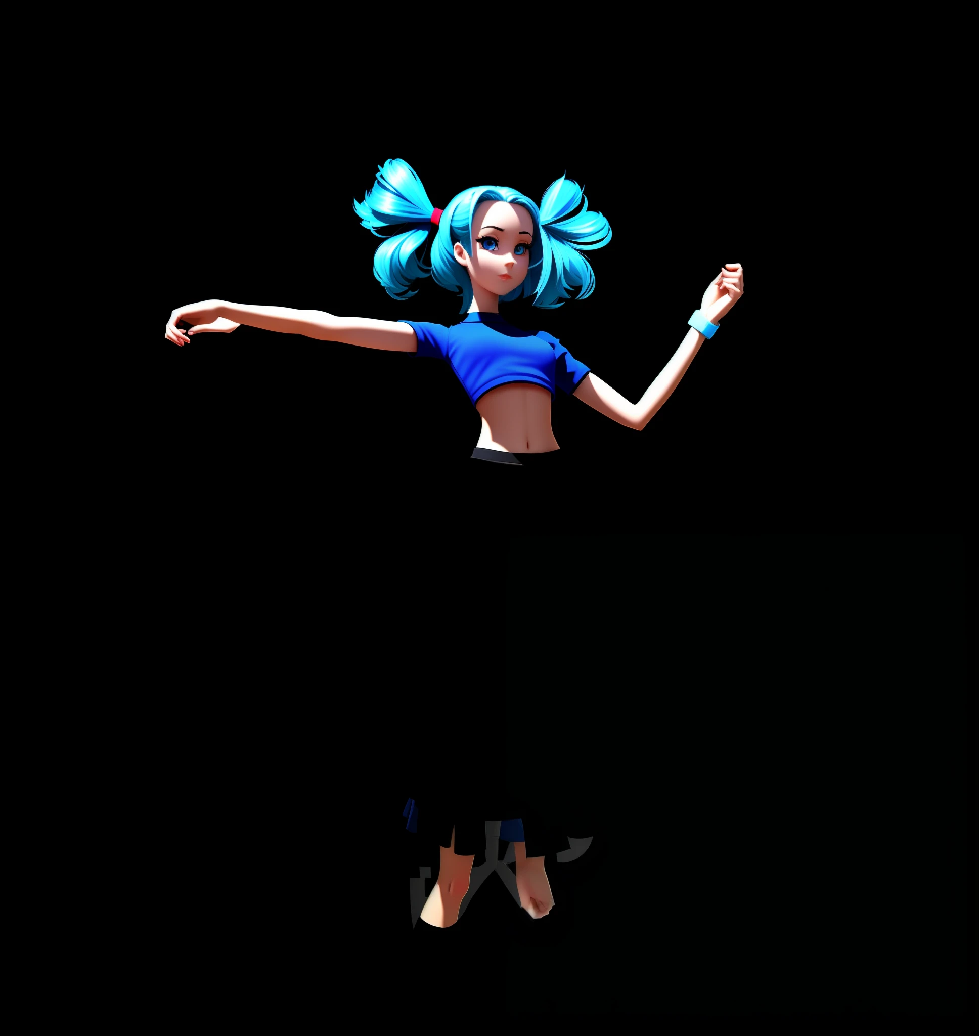 a cartoon girl in a black top and blue skirt, full body photo, women's clothing, tiny waist, betty cooper, female whole body, light clothing design, anorexic figure, female whole body, thin waist, slim girl photo, girl figure, slim body, character is standing, upper body avatar, female proportions, standing pose