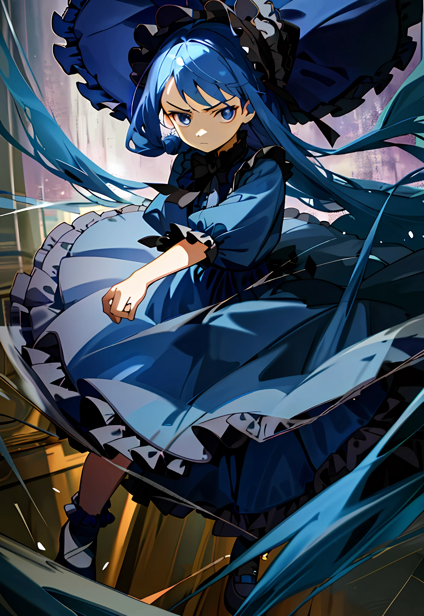 (masterpiece, best quality, illustration), 1 , face focus, long blue hair, half updo, expressionless face, glaring, long navy blue Lolita style dress, bonnet hat, full body, fighting motion pose, loli, smooth light, (bright), clear