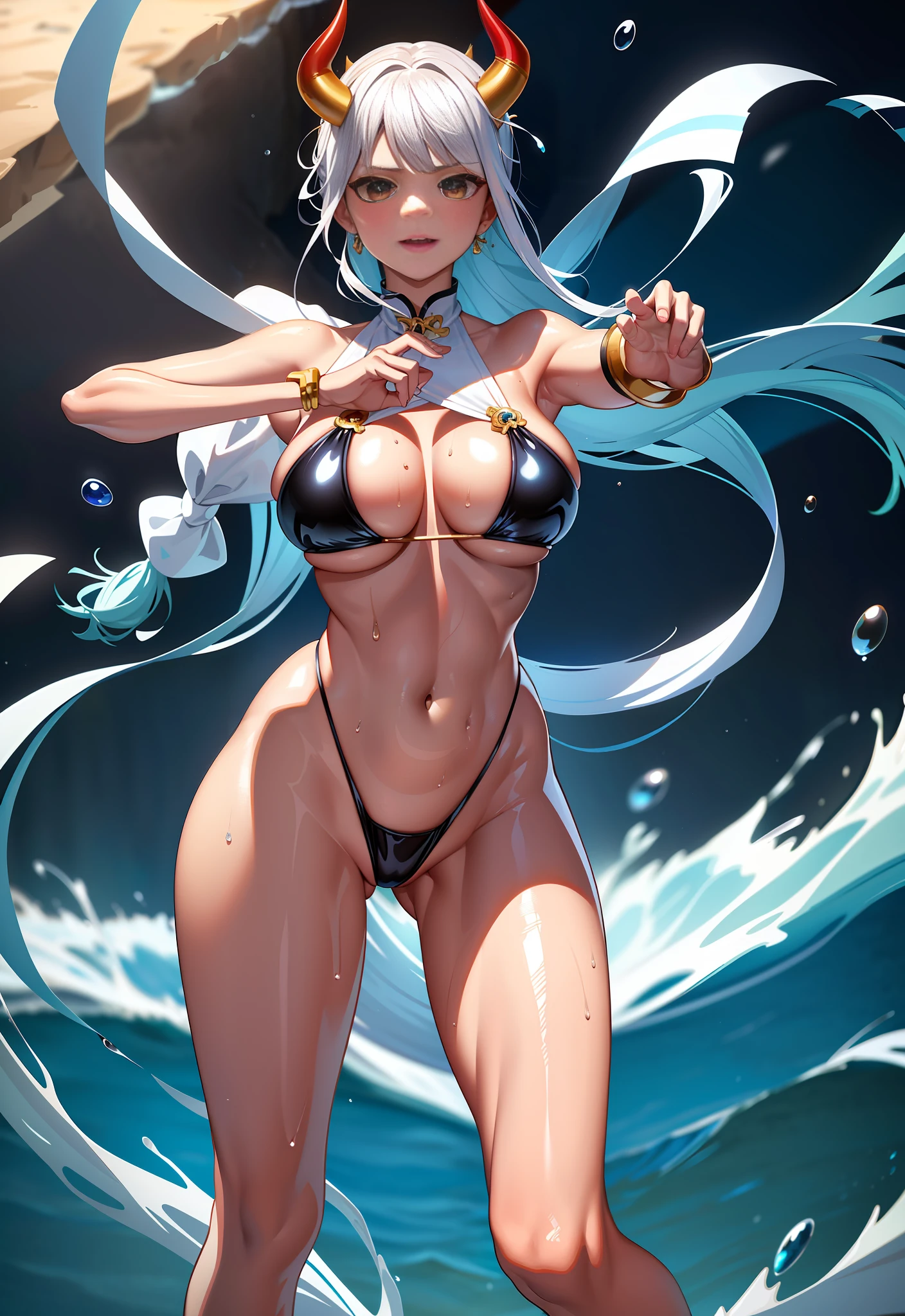 Sagging boobs, huge breasts, boobs squeezed by bikinis. huge tits。 Open your mouth and smile, showing your teeth, fangs. (NSFW: 1.98) Arad woman in bikini poses a sword on the beach, extremely detailed Artgerm, on the beach, Ross landscape background, perfect white-haired girl, seductive anime girl, like Artgerm, on the beach, beautiful seductive anime woman, Rostland !!!, Rostland style, art germ. Anime illustration on sunny beach, (oily skin)) with horns on the head and two red and yellow horns on the head. End of curl. White transparent cheongsam. (Wearing white transparent fabric cheongsam, cheongsam chest opening, highest fabric material, fabric performance 8K, physics engine calculation demonstration):: 1.8. (High-quality, detailed CG art), (beautiful light and shadow, floating effect) (1 person) (shiny hair, blue hair: 1.2 + gray hair: 1.6), when the skin between the chest and lower abdomen is wet, dripping water droplets and sweat slip together, sexy gorgeous, still photos convey a dynamic effect. (extremely detailed, well-made, highest image quality, strong specular reflection of bikinis, clear latex texture) The woman is extremely beautiful, extremely sexy, beautiful and moving, seductive, and the transparent texture of the leggings is just right, making people shine. ((NSFW, low saturation)) ((oily skin)), ((water droplets on the skin)), 1.6. The body is moist and shiny, the body is wet and shiny, the body is wet and shiny, the breasts are bigger, the ass is bigger. ((Masterpiece)), the best quality, super fine, highly realistic, wet all over, bathed in rain, every bead of sweat is clearly visible. (Masterpiece: 1.6), (Best Quality: 1.5), Ultra High Resolution, 1 Girl, Very Detailed, 8K, Beautiful, Detailed Eyes, Look at the Viewer, Intense Dark Colors, (Depth of Field), (Dynamic), (Epic), Sharp Focus, (Intricate Details: 1.86), Full Color, Nano \ (One Piece), Bangs, Bare Shoulders, Belt, Gold Striped Transparent Heart Sticker, Blue Sky, Bracelet, Breasts