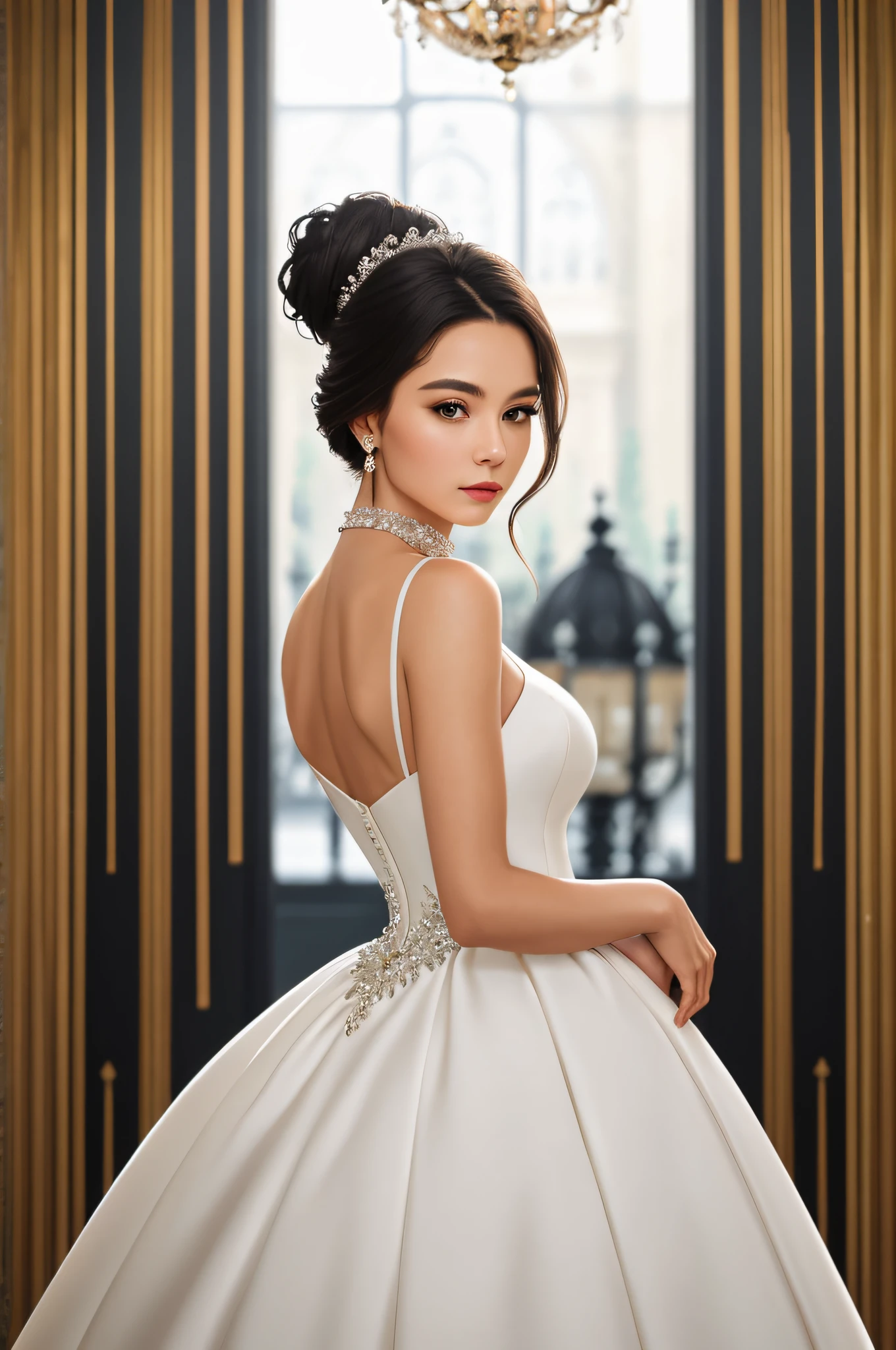 1girl in a modern, elegant ball gown, styled with a sleek updo and minimalist jewelry. She should have a confident, regal expression. The background is a luxurious modern palace, with clean lines, high ceilings, and extravagant chandeliers. The photo should be shot in high definition, with a sharp focus on the subject and a soft, blurred background for a captivating portrait