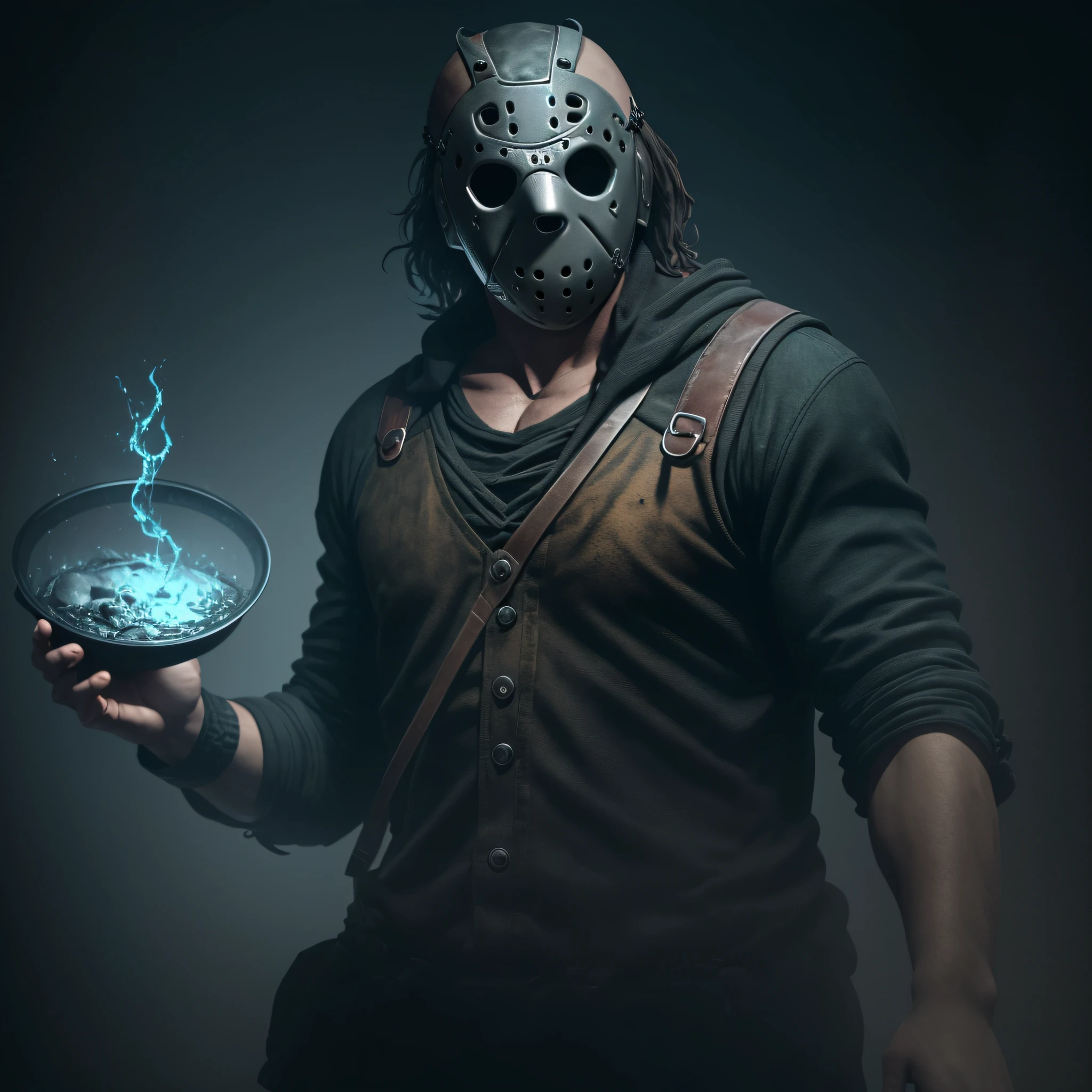 create Jason Voorhees from the horror movie by stirring a piece of magic in a large cauldron, ultra realistic, photo, full hd, hyper detail, photo of, super real texture, full body 8k --ar 9:16 --auto --s2