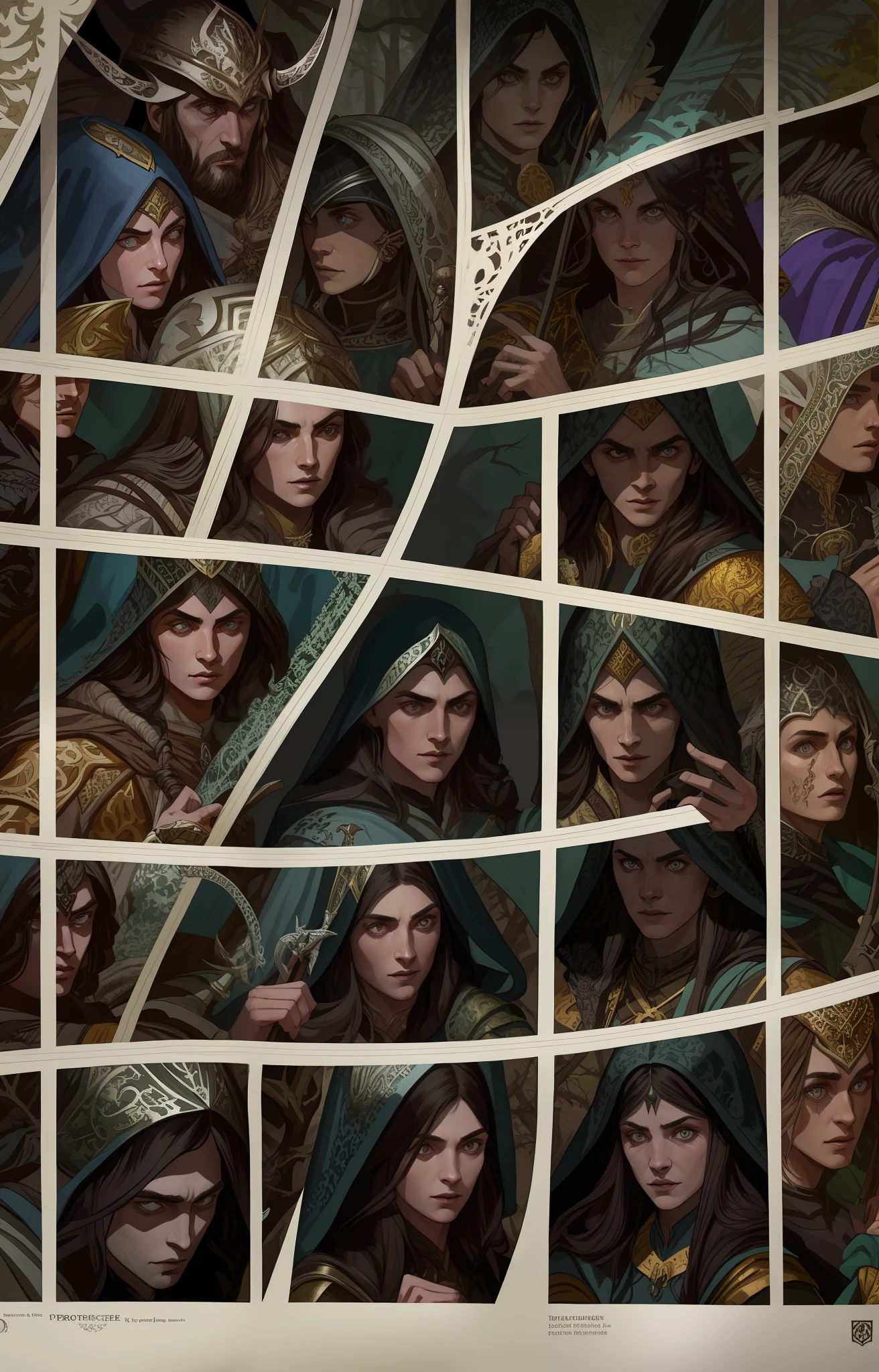 masterpiece, best quality, hyper detailed gouache portrait of a group of dark elves in a forest, medieval clothing, characters concept, detailed symmetric bodies, epic scene illustration, graphic novel scene, dramatic, tension, cinematic, dynamic angles