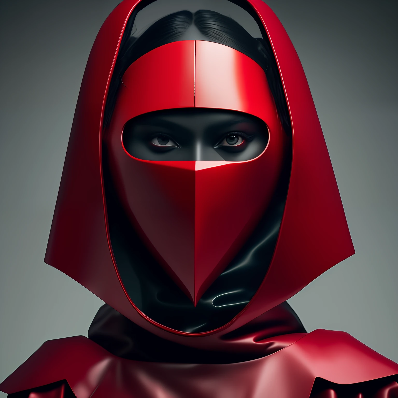 female with full face mask hood with futuristic fashion red and black leather rick owens, mix 2001 stanley kubrick style with transparent red plastic elements, fencing mask with red led on - blade runner look, film atmosphere, realistic unreal rendering, realistic film lighting, super detail, surrealism, ordinary background, character design, conceptual fashion, 4K HD trend, 8K resolution, Oversize, sketched** - (relaxed)