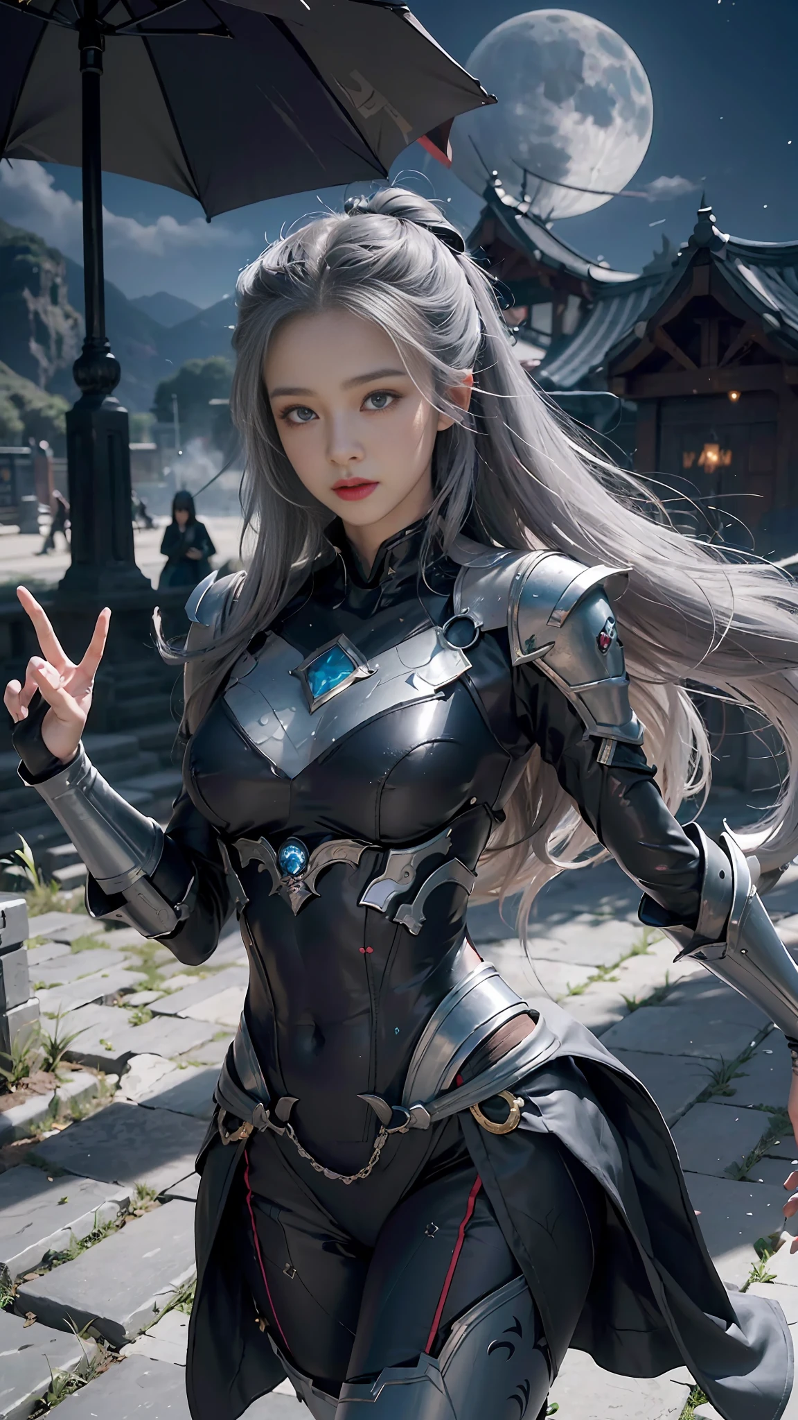 ((Best Quality, 8K, Masterpiece: 1.3)), 1girl, Slim Abs Beauty: 1.3, Super Fine Face, Detailed Eyes, Double Eyelids, Dynamic Pose, Night Sky, Moon, Smile, Diana Standing Portrait Photo, Diana (League of Legends), Solo, Face Markers, Male Focus, Forehead Markers, Armor, Lips, Portrait, Crescent Moon, Looking at the Audience, 1Girl, Gray Hair, Sexy, Dark Blue Costume, Perfect Figure, Detailed Digital Anime Art, Best anime 4K konachan wallpaper, anime goddess, high detail official artwork, detailed anime art, portrait of female anime hero, onmyoji