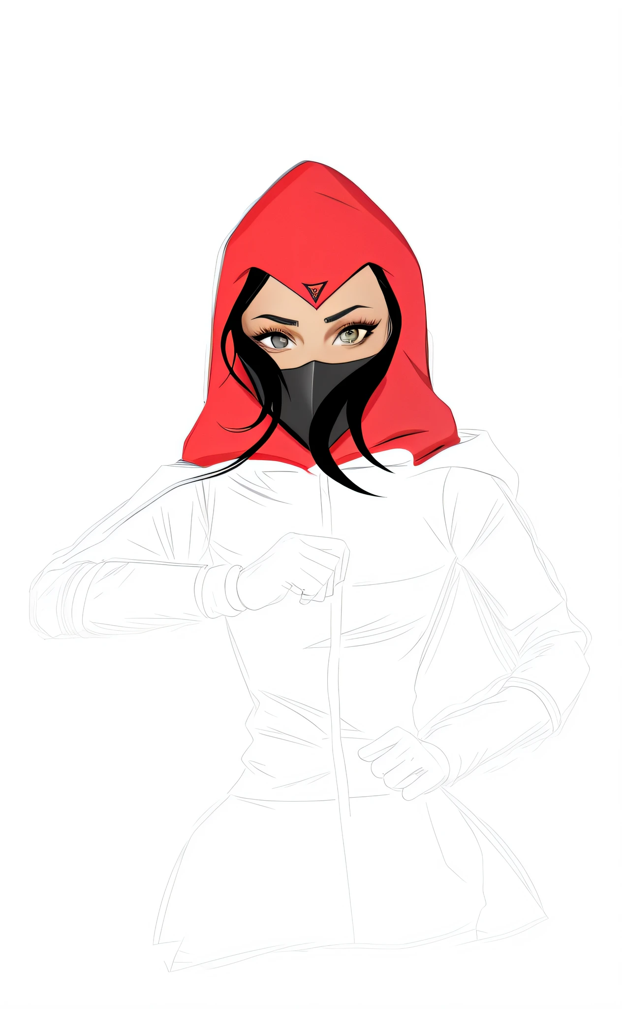 a drawing of a woman with a red hood and a black mask, red hooded mage, akali from league of legends, wearing a scarlet hoodie, wearing pointed hoods, wip, colored sketch, clean lineart and color, with out shading, wearing a hood with pointy ears, unknown artstyle, clean cel shaded, the red ninja, wearing cultist red robe
